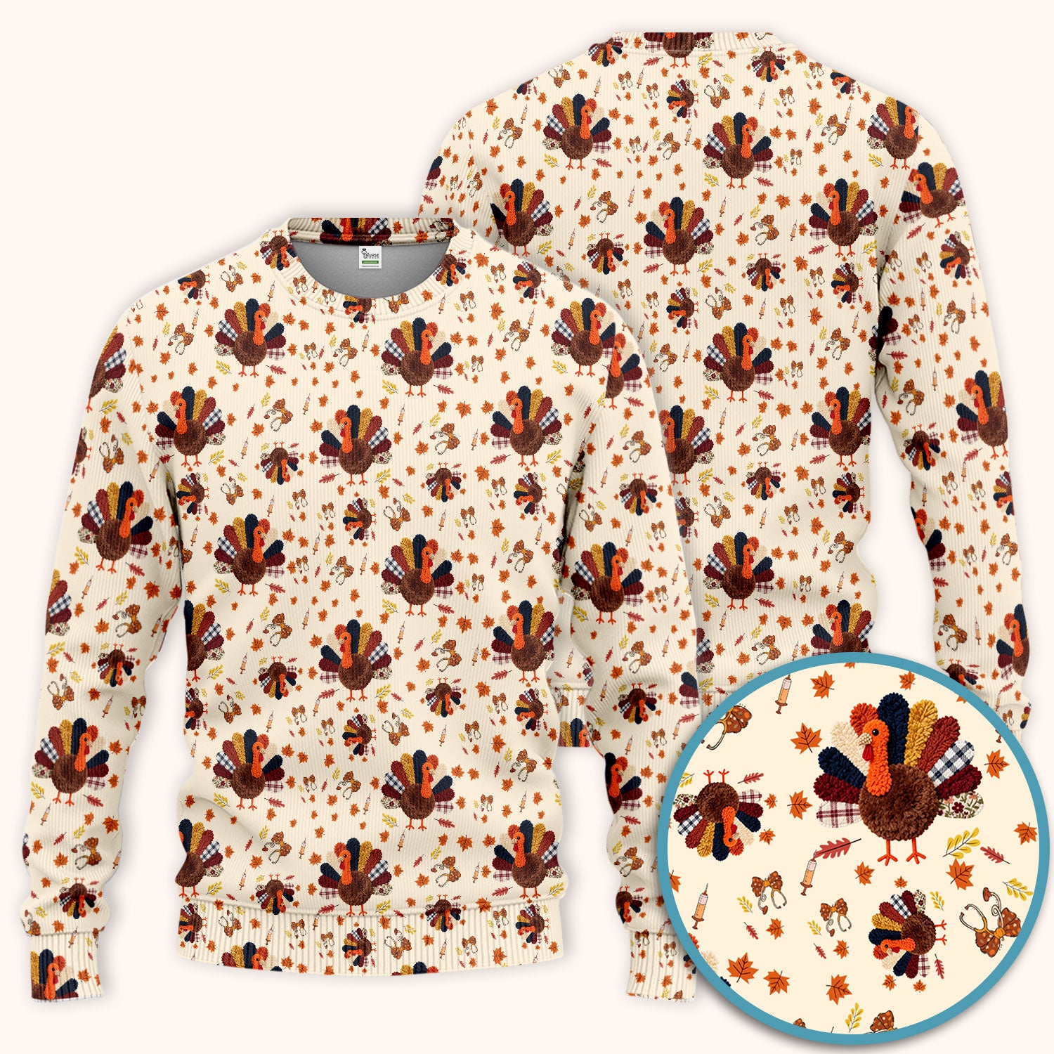Funny Thanksgiving Nurse Scrub Sets - Fall Leaves and Pumpkin Scrub Pants and V Neck Top - Autumn Turkey Med Uniform