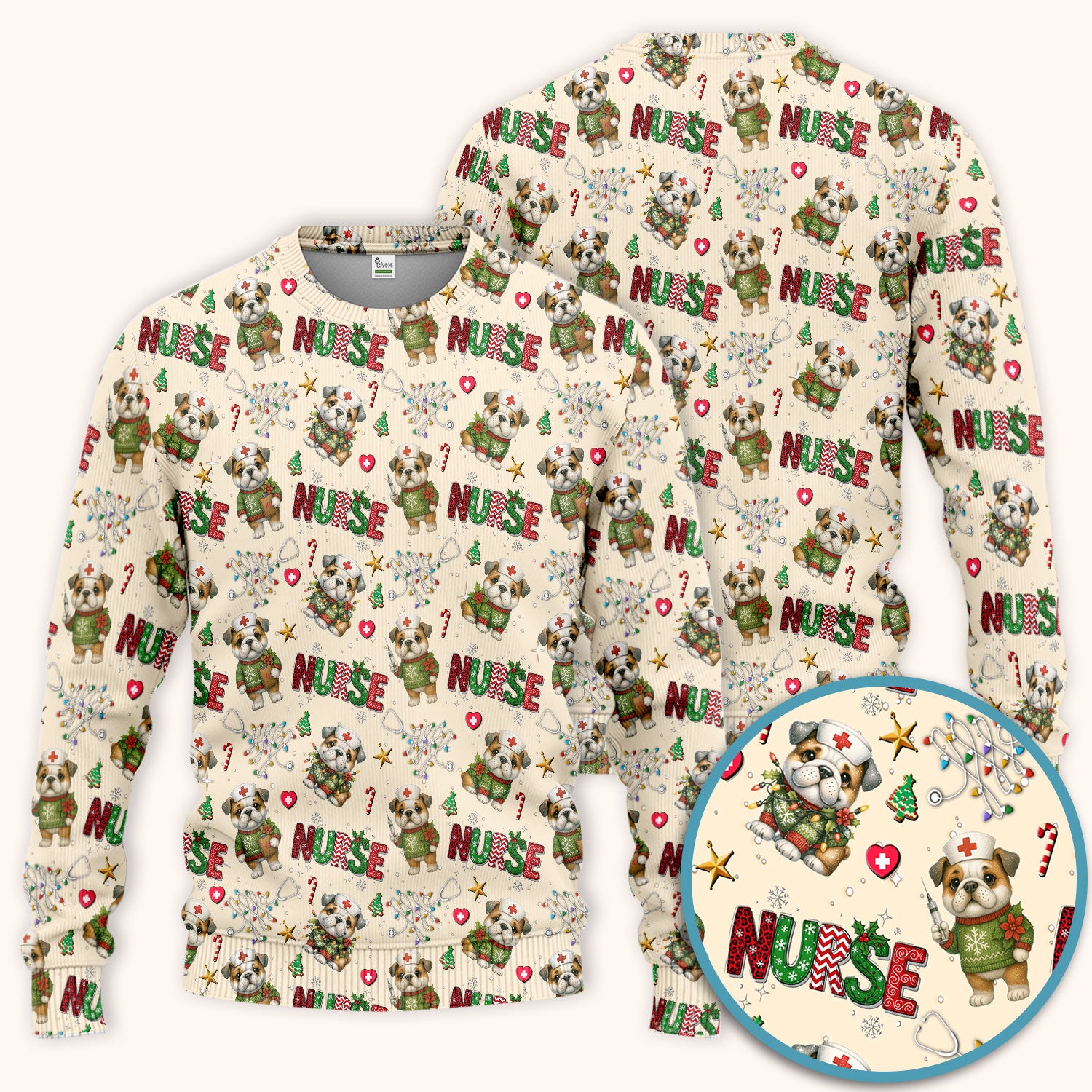 Bulldog Christmas Nurse Scrub Set - Funny Dog Scrubs Pants and V Neck Top - Cute Holiday Medical Uniform