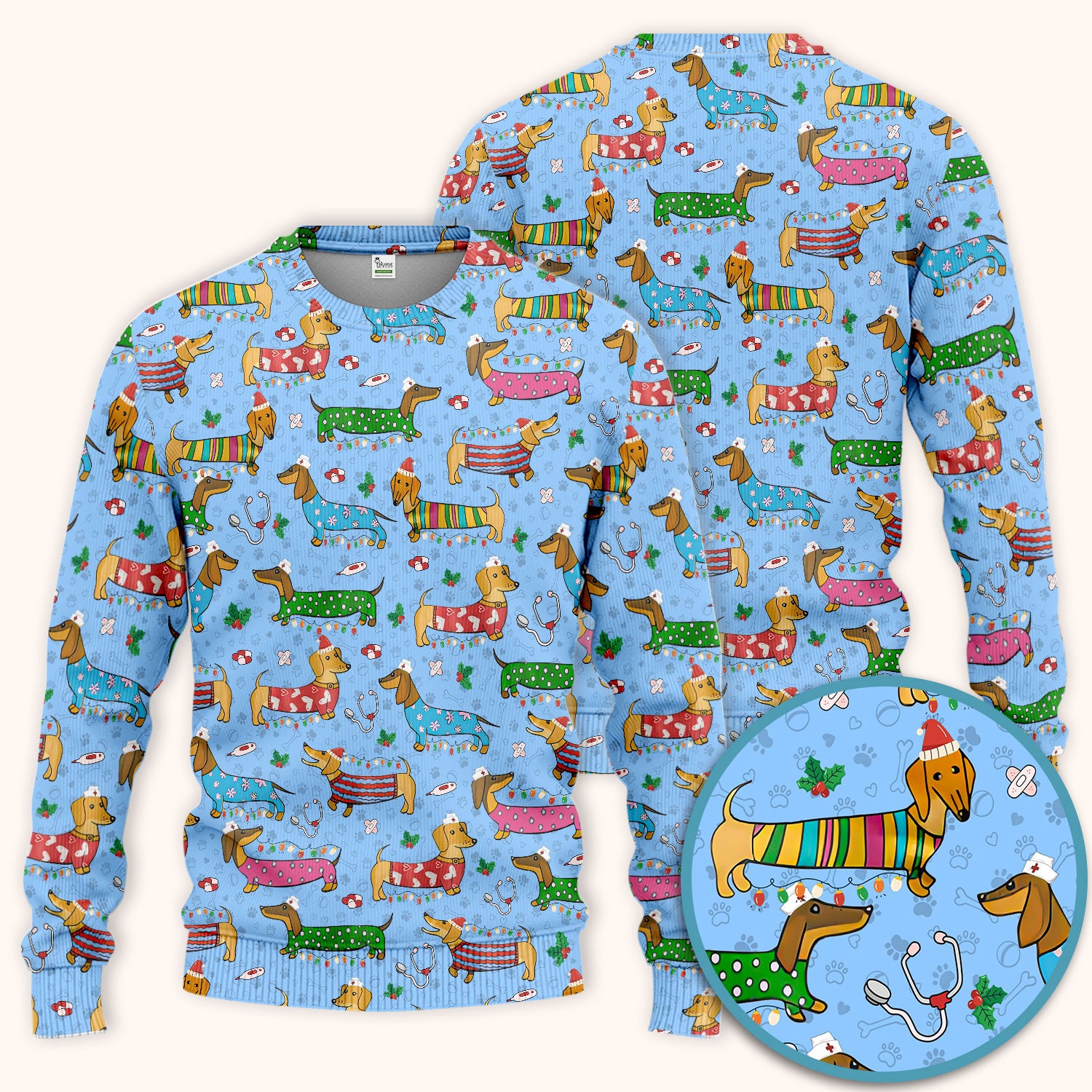 Christmas Dachshund Scrub Set for Nurses - Cute Wiener Dog in Holiday Outfit - Funny Medical Uniform Gift for Women RN LPN CNA