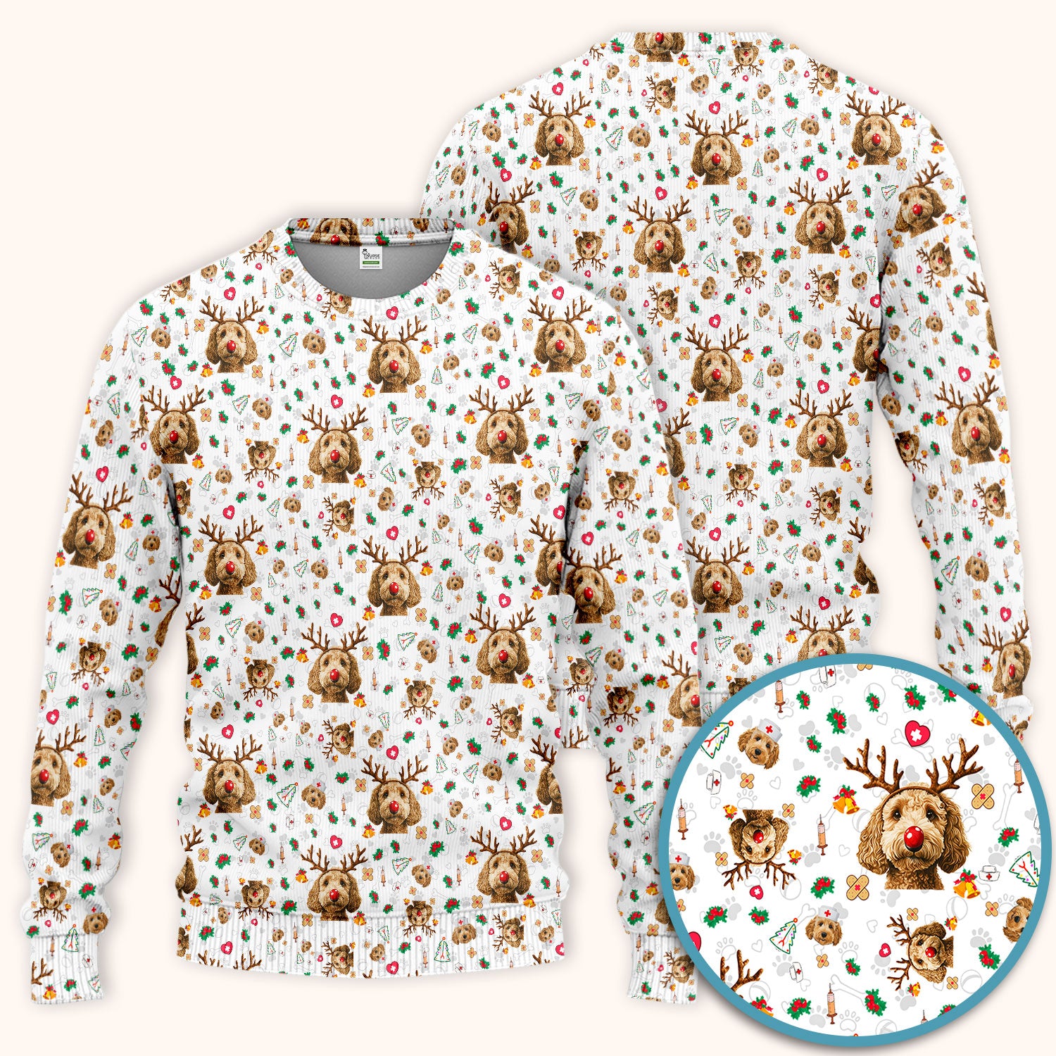 Labradoodle Reindeer Christmas Scrub Set - Funny Dog Nurse Pants and V Neck Top - Cute Holiday Medical Uniform