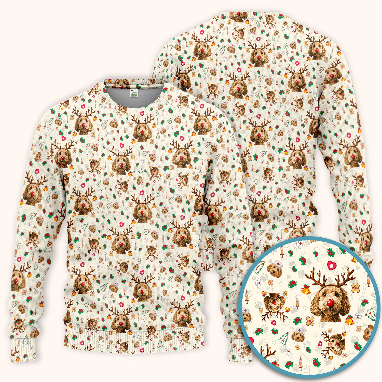 Christmas Labradoodle Scrub Set - Funny Reindeer Dog Nurse Pants and V Neck Top - Cute Holiday Medical Uniform