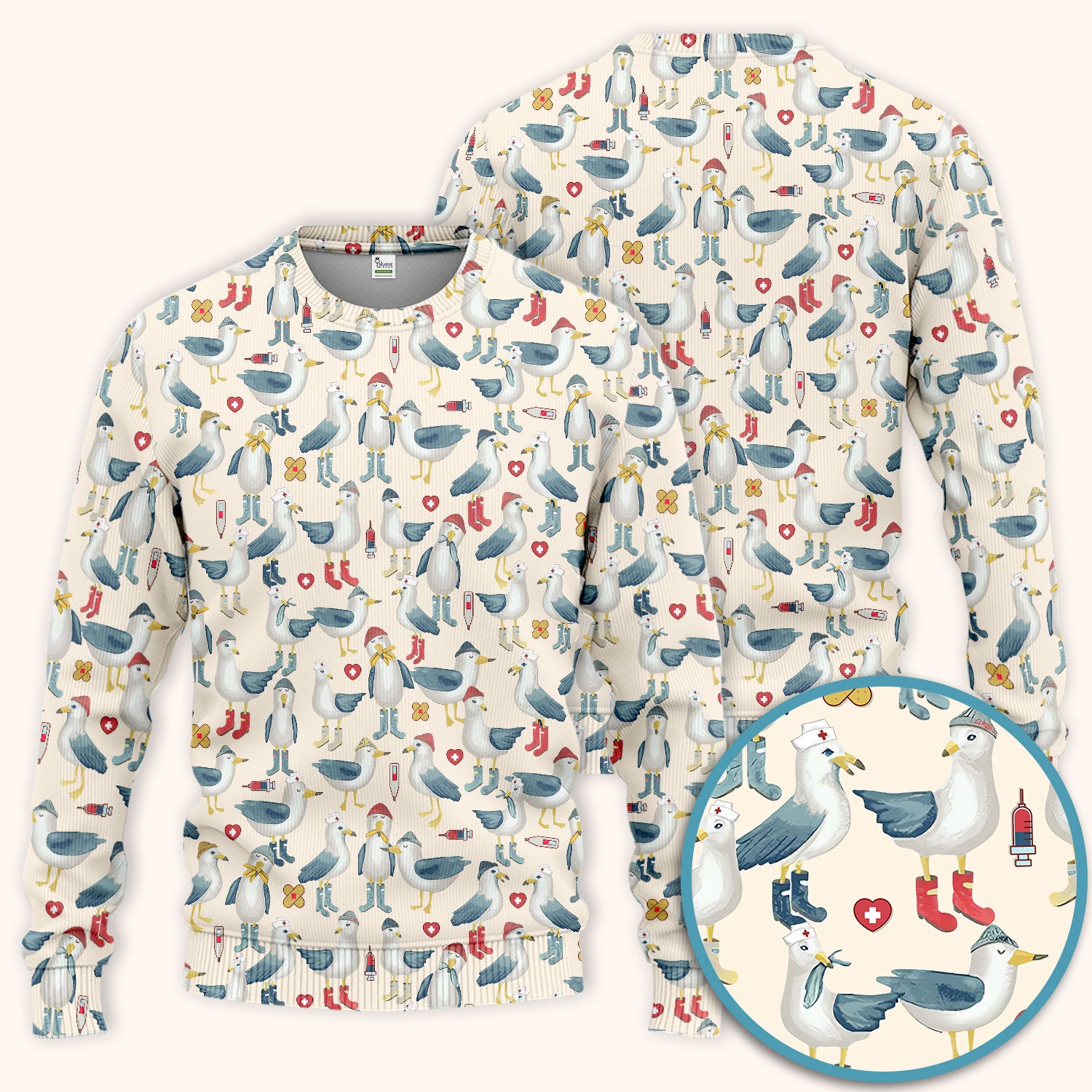 Funny Seagull Nurse Scrub Set - Cute Bird with Medical Icons Scrubs Pants and V Neck Top - Comfortable Scrubs for Women