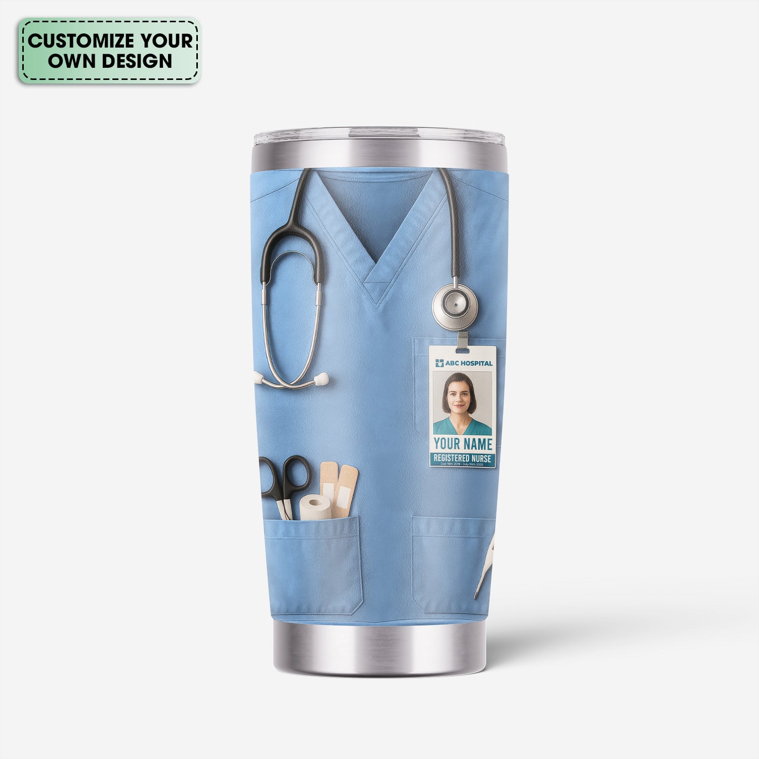 Custom Nurse Tumbler - Stethoscope & Hospital ID Badge Design - Personalized Gift with Custom Text & Photo for RN CNA LPN Healthcare Workers
