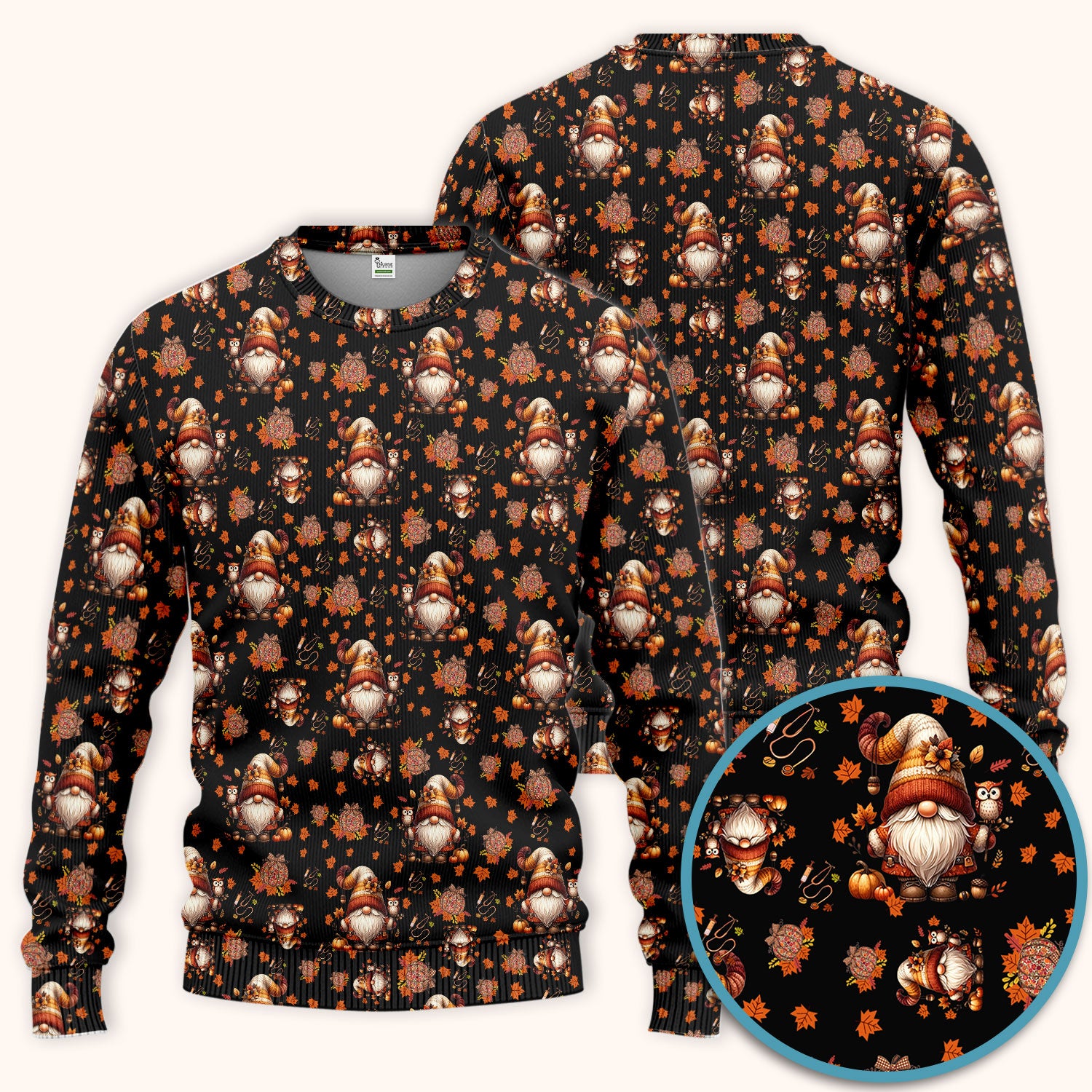 Fall Gnome Women's Scrub Sets - Autumn Leaves Pumpkin Scrub Pants and V Neck Top - Thanksgiving Nursing Uniform