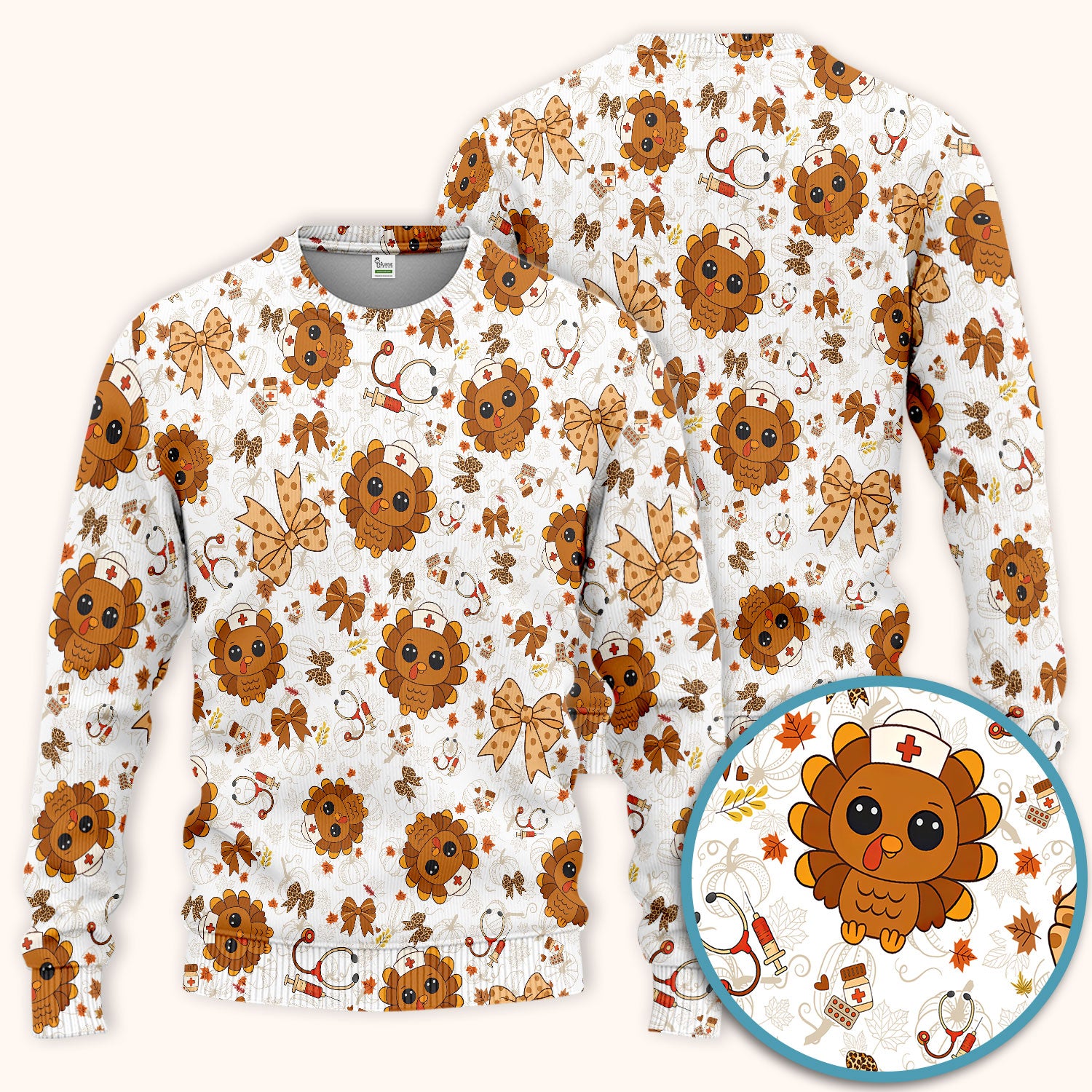 Thanksgiving Turkey Nurse Scrub Set for Women - Cute Fall Leaves and Bow Scrub Pants and V Neck Top - Autumn Medical Uniform