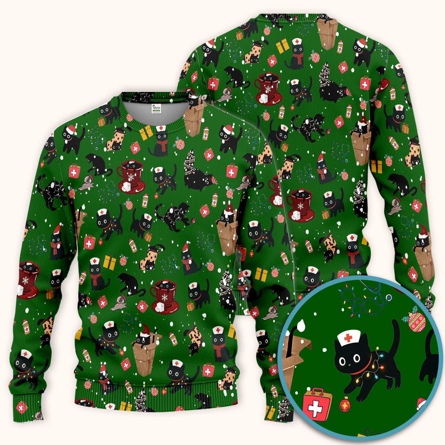 Christmas Cat Scrub Set for Nurse - Funny Black Cats Scrubs Pants and V Neck Top - Cute Holiday Medical Uniform for Women