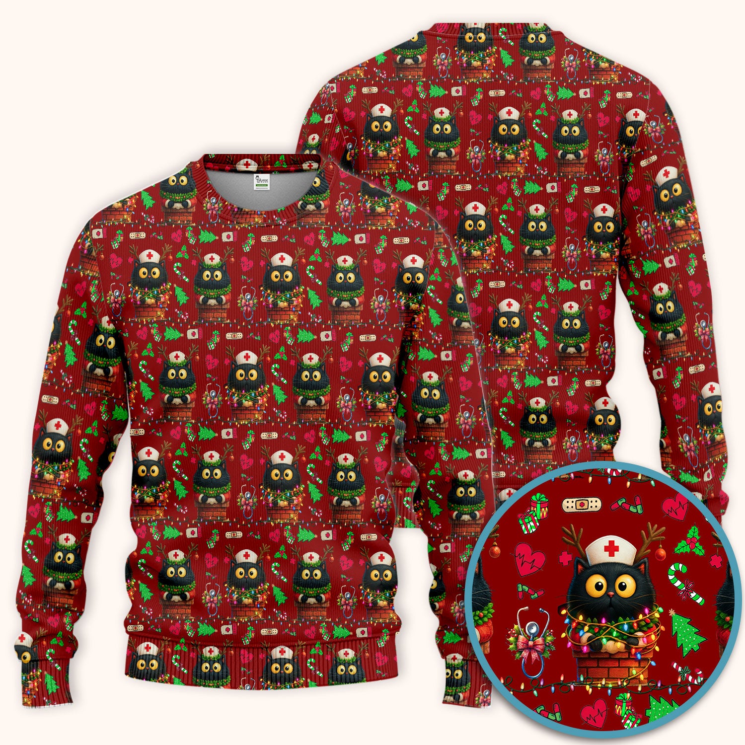 Christmas Black Cat Scrub Set for Nurse - Cute Reindeer Cat with Xmas Lights Pants and V Neck Top - Festive Holiday Medical Uniform