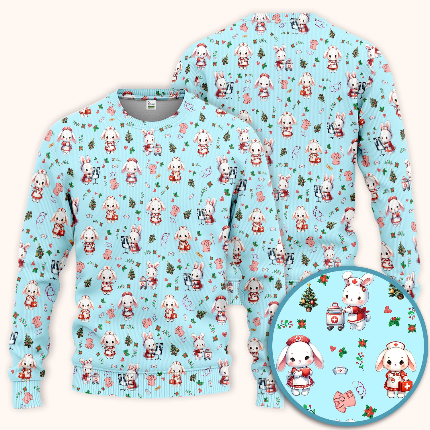 Cute Bunny Scrub Set for Nurse - Adorable Christmas Rabbit Pants and V Neck Top - Funny Holiday Medical Shirt Gift