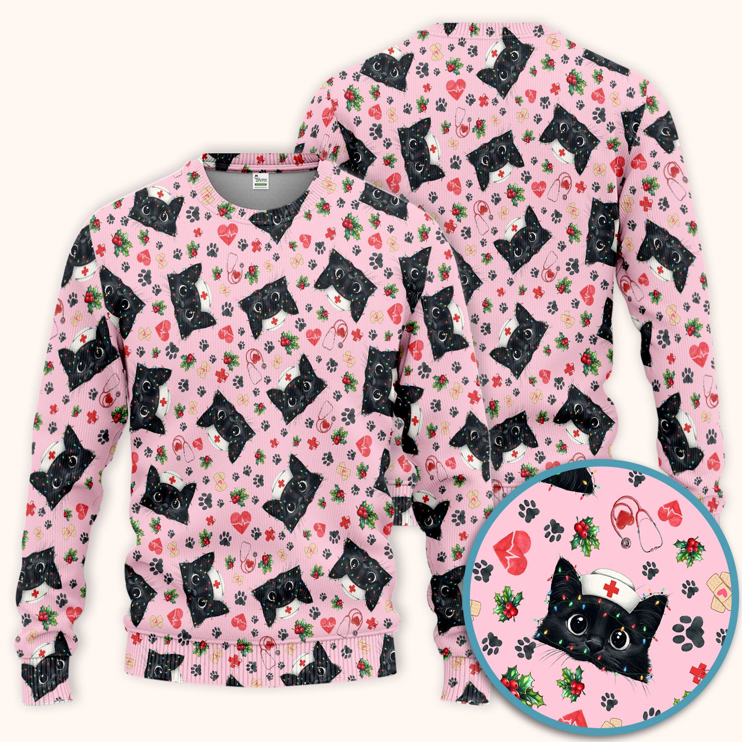 Funny Cats Scrub Set for Nurses - Black Kittens Christmas Scrubs Pants and V Neck Top - Jolly Medical Uniform Gift for RN CNA LPN