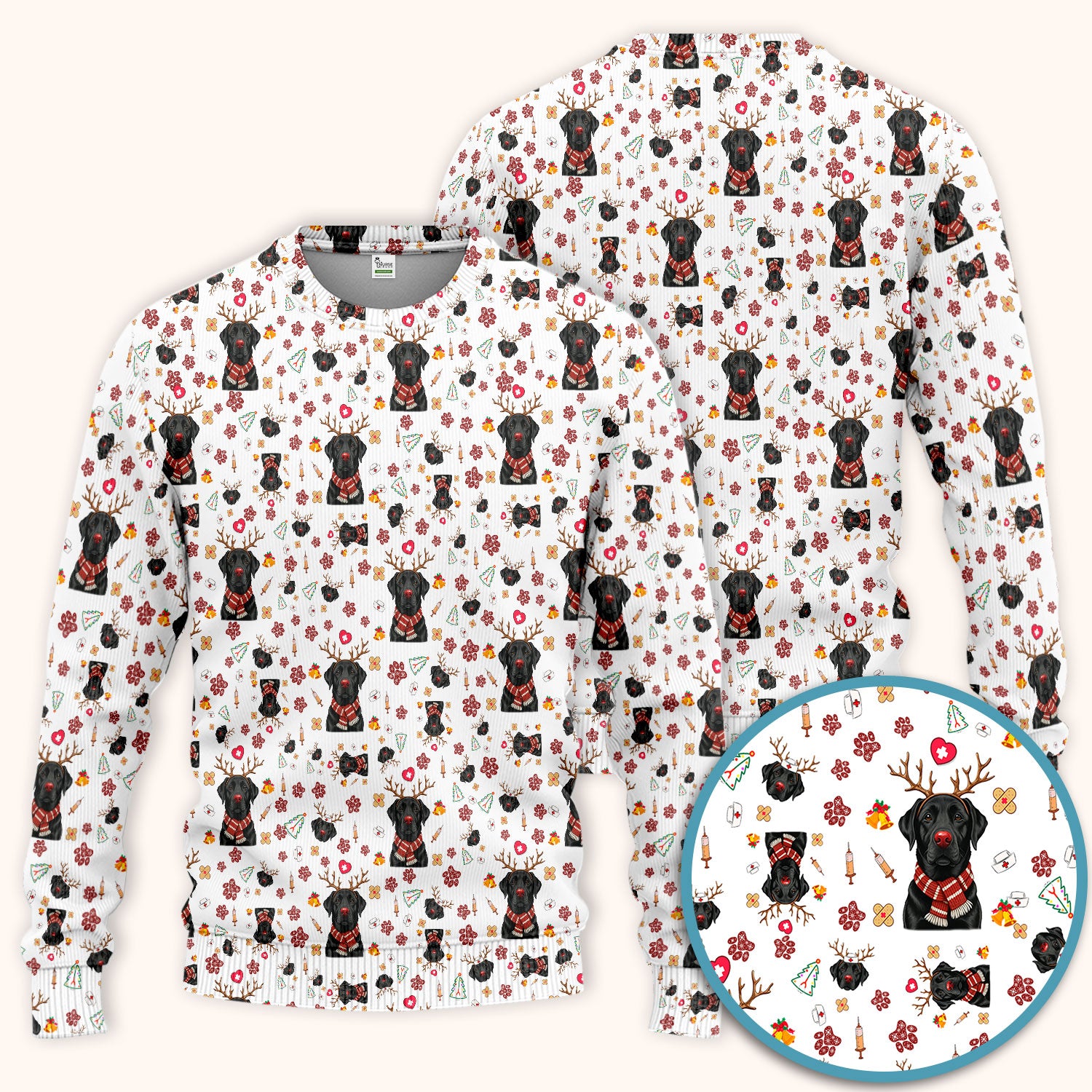 Funny Black Lab Reindeer Scrub Set - Christmas Dog Nurse Pants and V Neck Top - Cute Holiday Medical Uniform