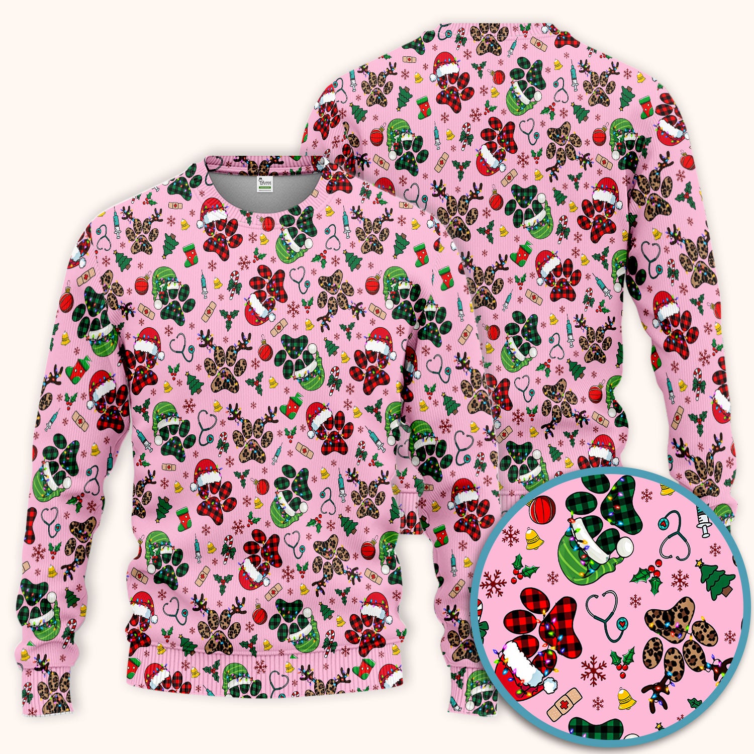 Christmas Paw Print Scrub Set for Nurses - Cute Leopard Holiday Pants and V Neck Top - Funny Pet Medical Uniform Gift