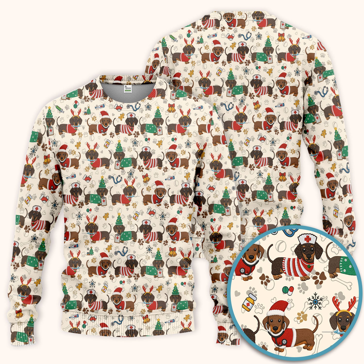 Christmas Dachshund Scrub Set for Nurses - Cute Wiener Dog Scrubs Pants and V Neck Top - Cute Puppy Med Uniform Gift for Women