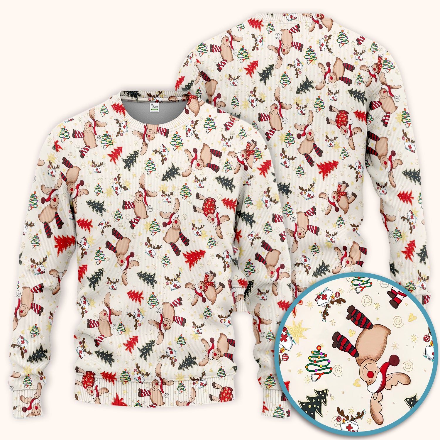 Funny Reindeer Christmas Nurse Scrub Set - Festive Holiday Medical Scrub Pants and V Neck Top - Breathable Med Uniform
