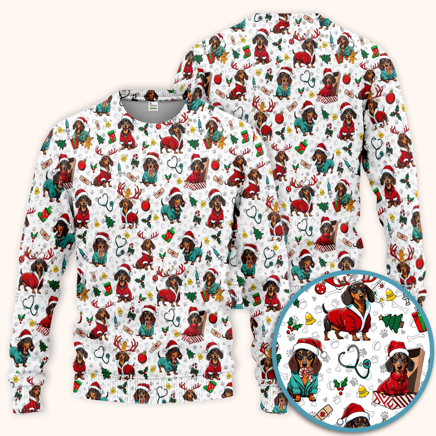 Christmas Dachshund Scrub Set for Nurses - Cute Sausage Dog Holiday - Funny Reindeer & Santa Scrubs Pants and V Neck Top