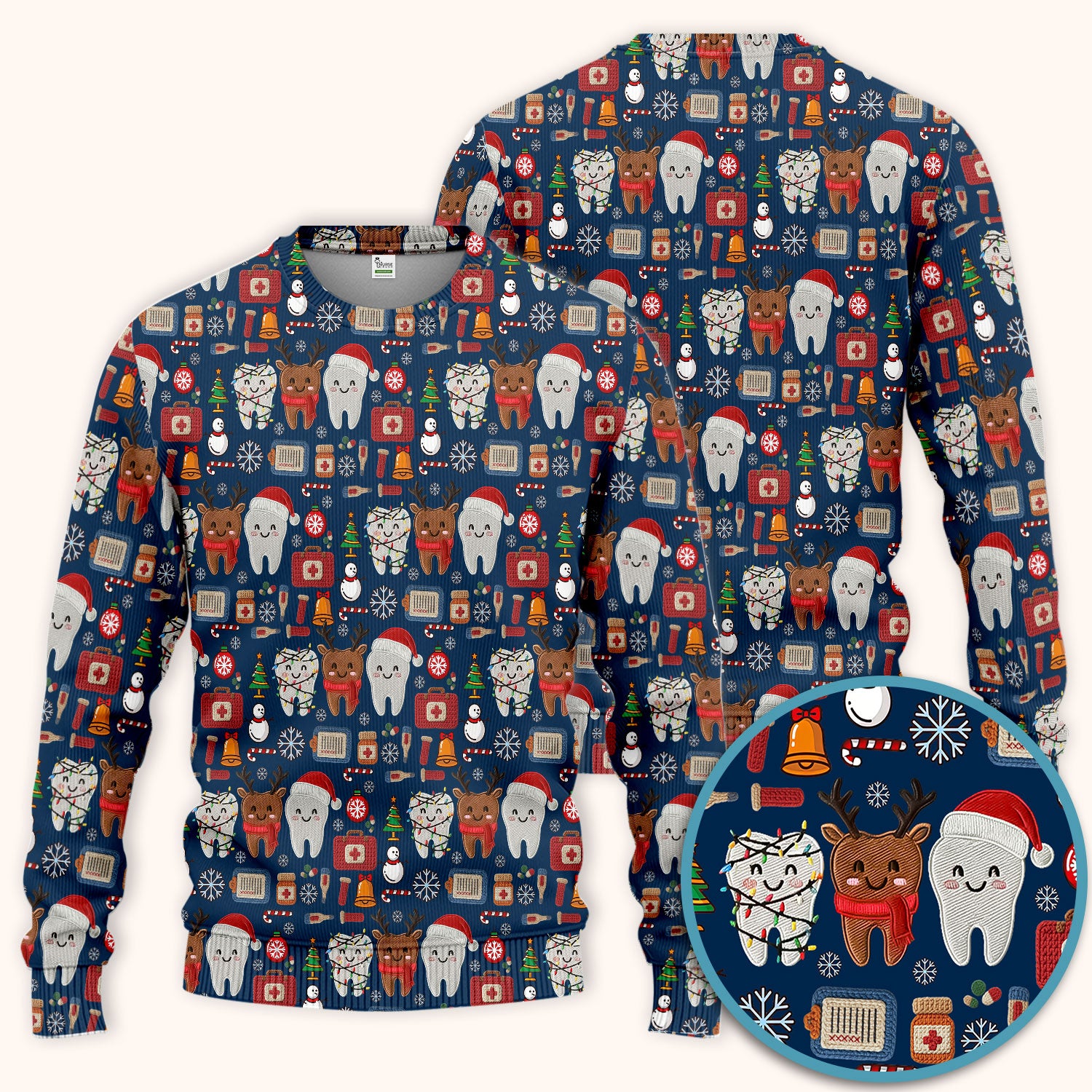 Christmas Dental Scrub Set - Cute Santa & Reindeer Tooth Pants and V Neck Top - Funny Gift for Dentists, Hygienists, Nurses