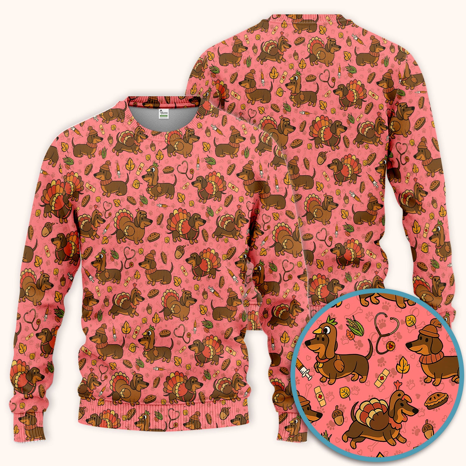 Thanksgiving Wiener Dog Scrub Set - Funny Dachshund Turkey Scrubs Pants and V Neck Top - Fall Winter Gift for Women