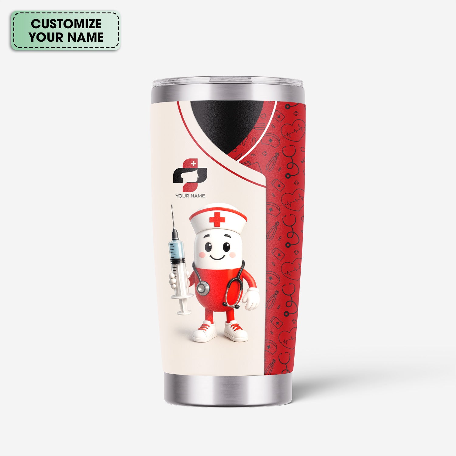 Funny Personalized Nurse Tumbler - Cartoon Pill Design Stainless Steel Travel Mug - RN CNA Healthcare Gift Multiple Color Options