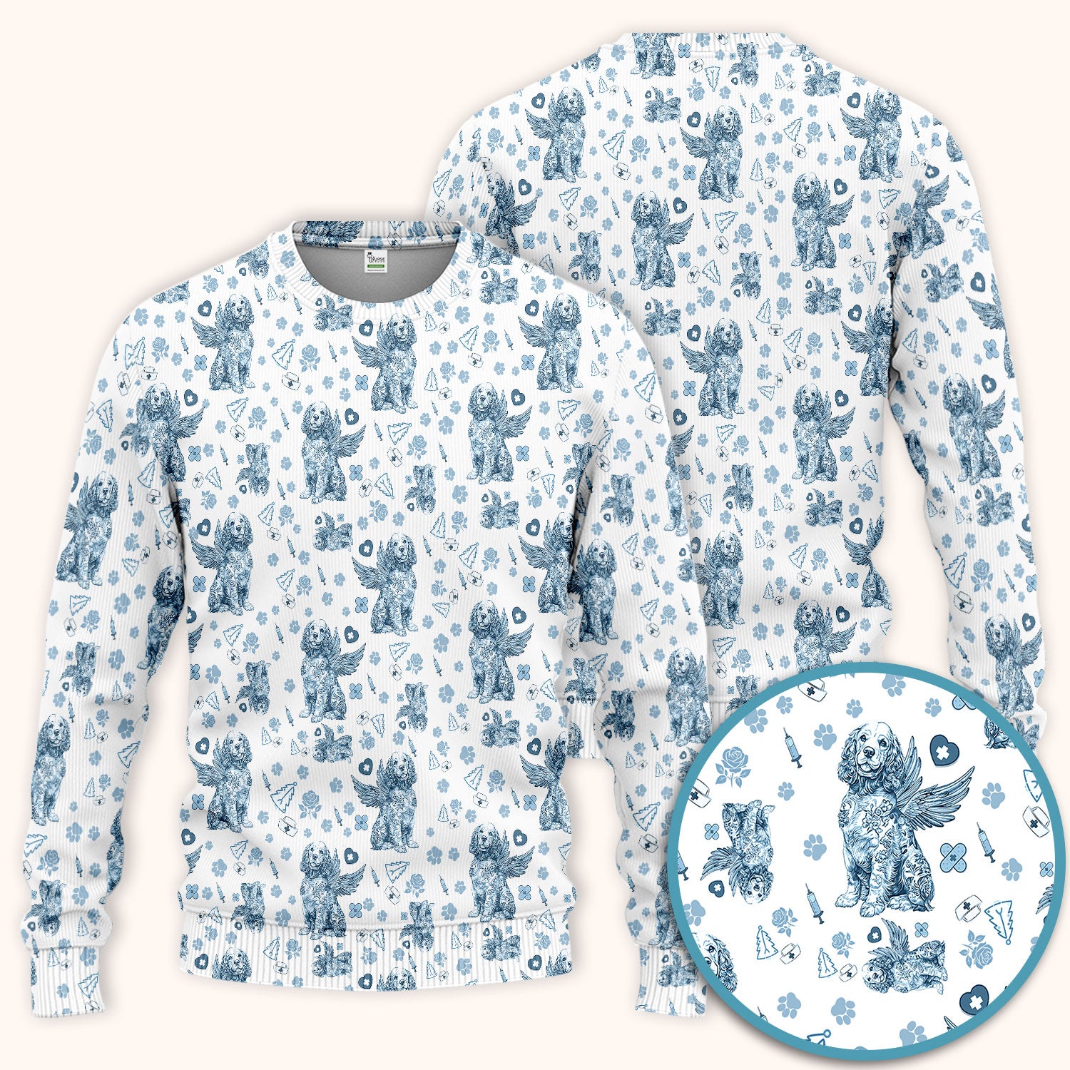 Toile De Jouy Scrub Set for Nurses - Angel Puppy Medical Uniform - Floral Dog in Heaven Gift for Women, Vet Techs, RN CNA LPN