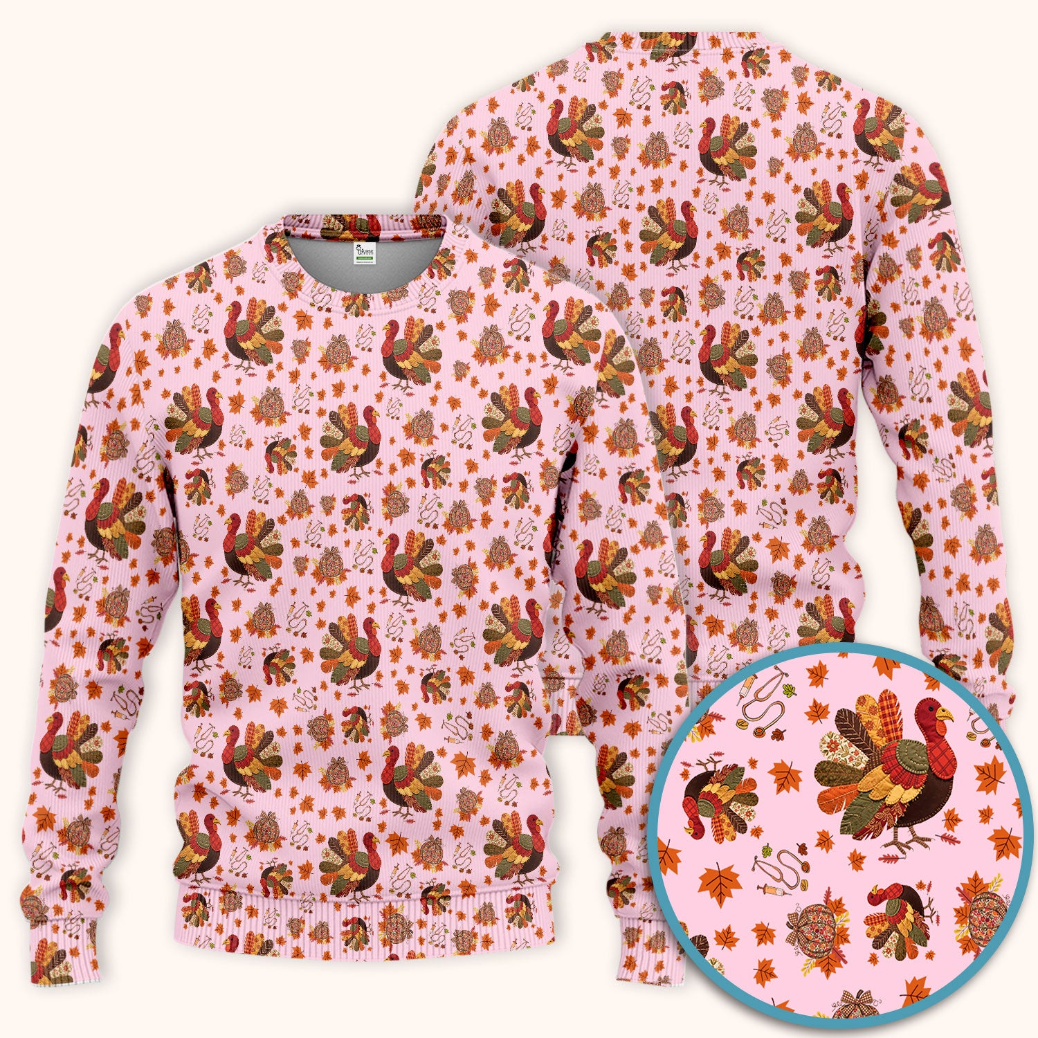 Fall Leaves Thanksgiving Women's Scrub Set - Comfortable Scrub Pants and V Neck Top - Funny Turkey Nursing Uniform