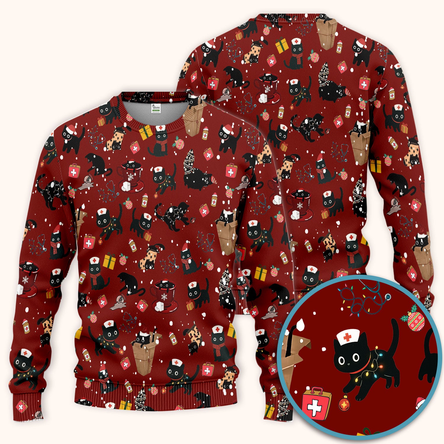 Christmas Cat Scrub Set for Nurse - Funny Black Cats Scrubs Pants and V Neck Top - Cute Holiday Medical Uniform for Women