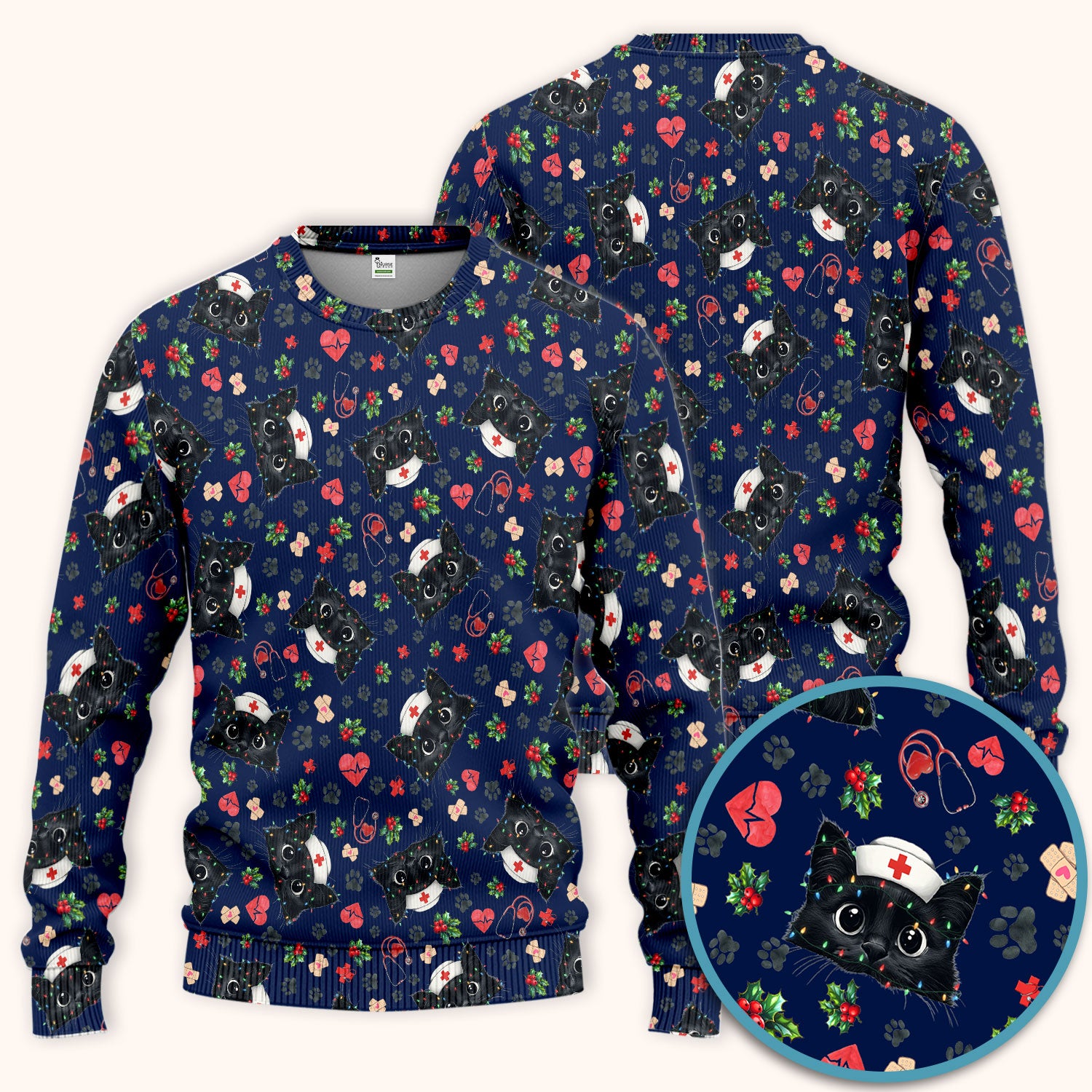 Black Cats Comfortable Scrubs for Nurses - Cute Kittens Christmas Scrubs Pants and V Neck Top - Breathable Med Uniform Gift for Women