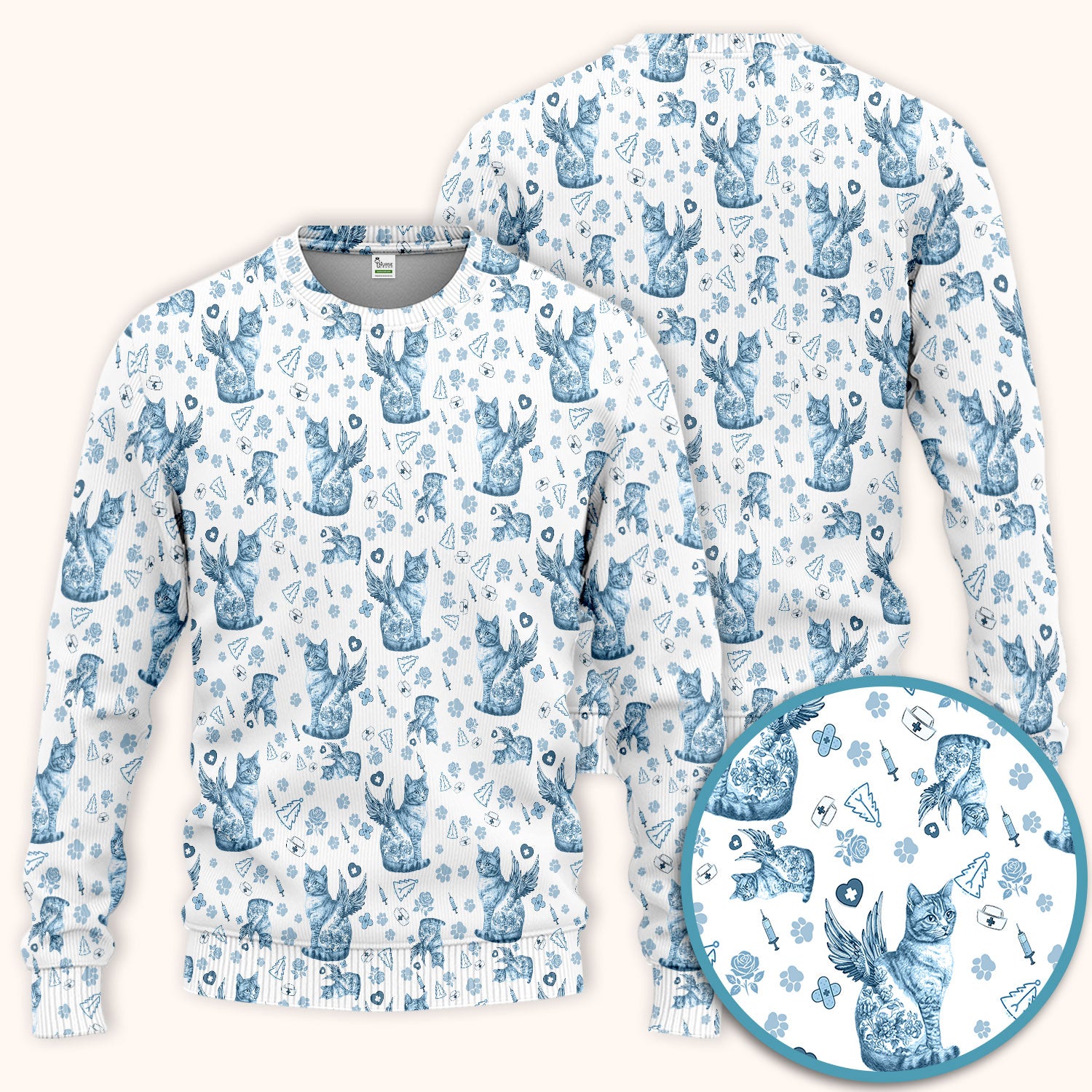 Toile de Jouy Cat Angel Scrub Set - Blue Vintage Nurse Pants and V Neck Top - French Style Medical Uniform for Women