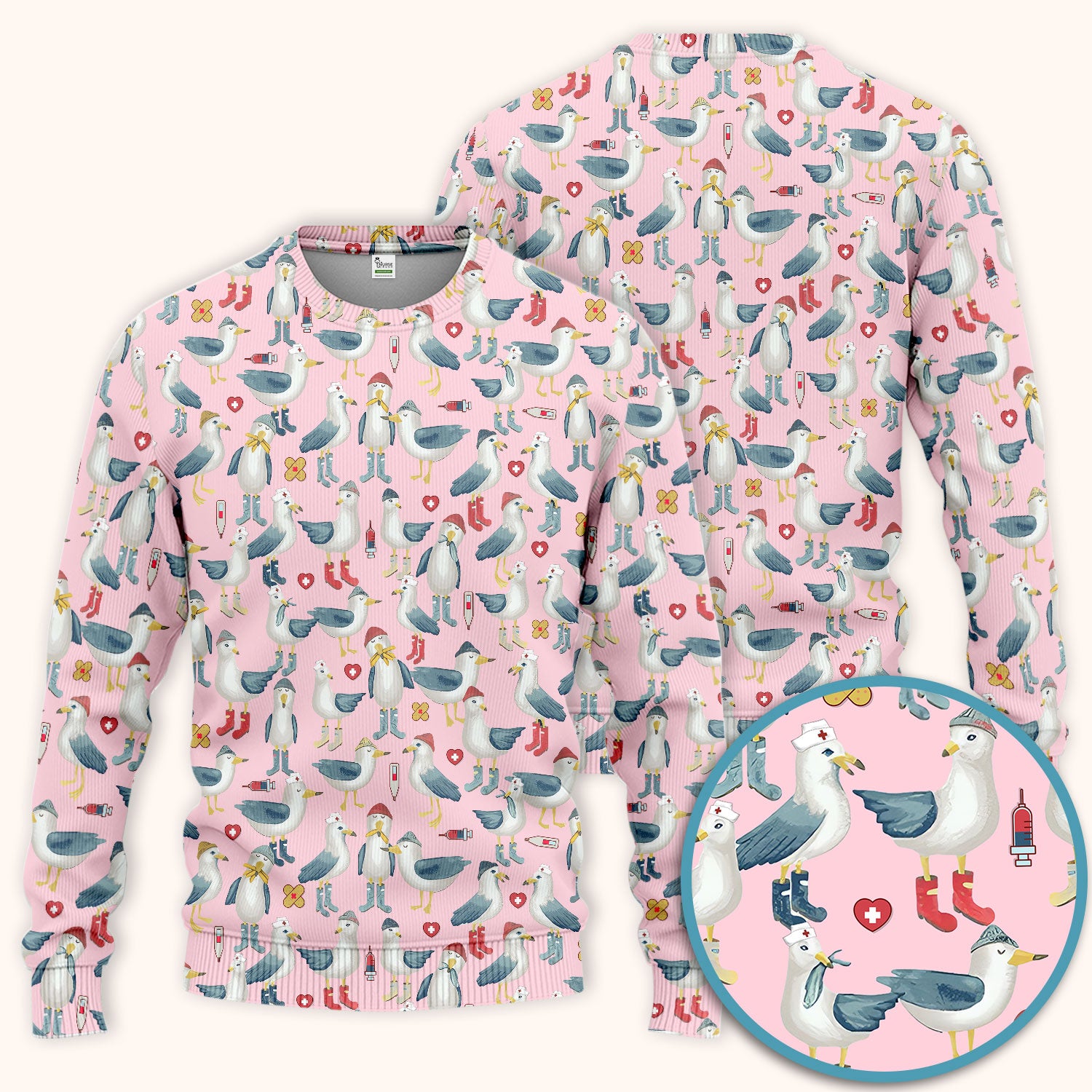 Funny Seagull Nurse Scrub Set - Cute Bird with Medical Icons Scrubs Pants and V Neck Top - Comfortable Scrubs for Women