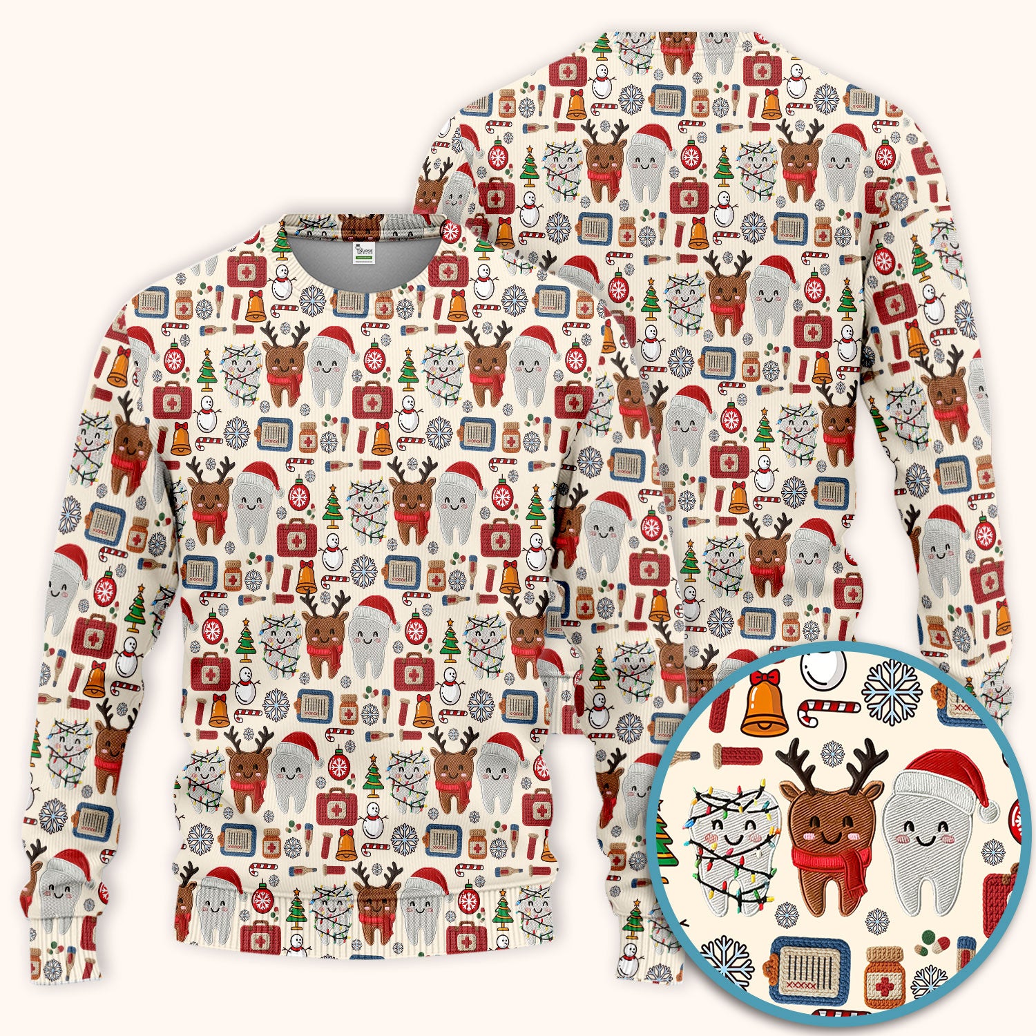 Christmas Dental Scrub Set - Cute Santa & Reindeer Tooth Pants and V Neck Top - Funny Gift for Dentists, Hygienists, Nurses
