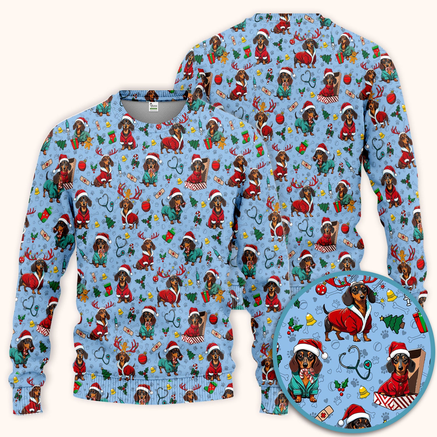 Christmas Dachshund Scrub Set for Nurses - Cute Sausage Dog Holiday - Funny Reindeer & Santa Scrubs Pants and V Neck Top