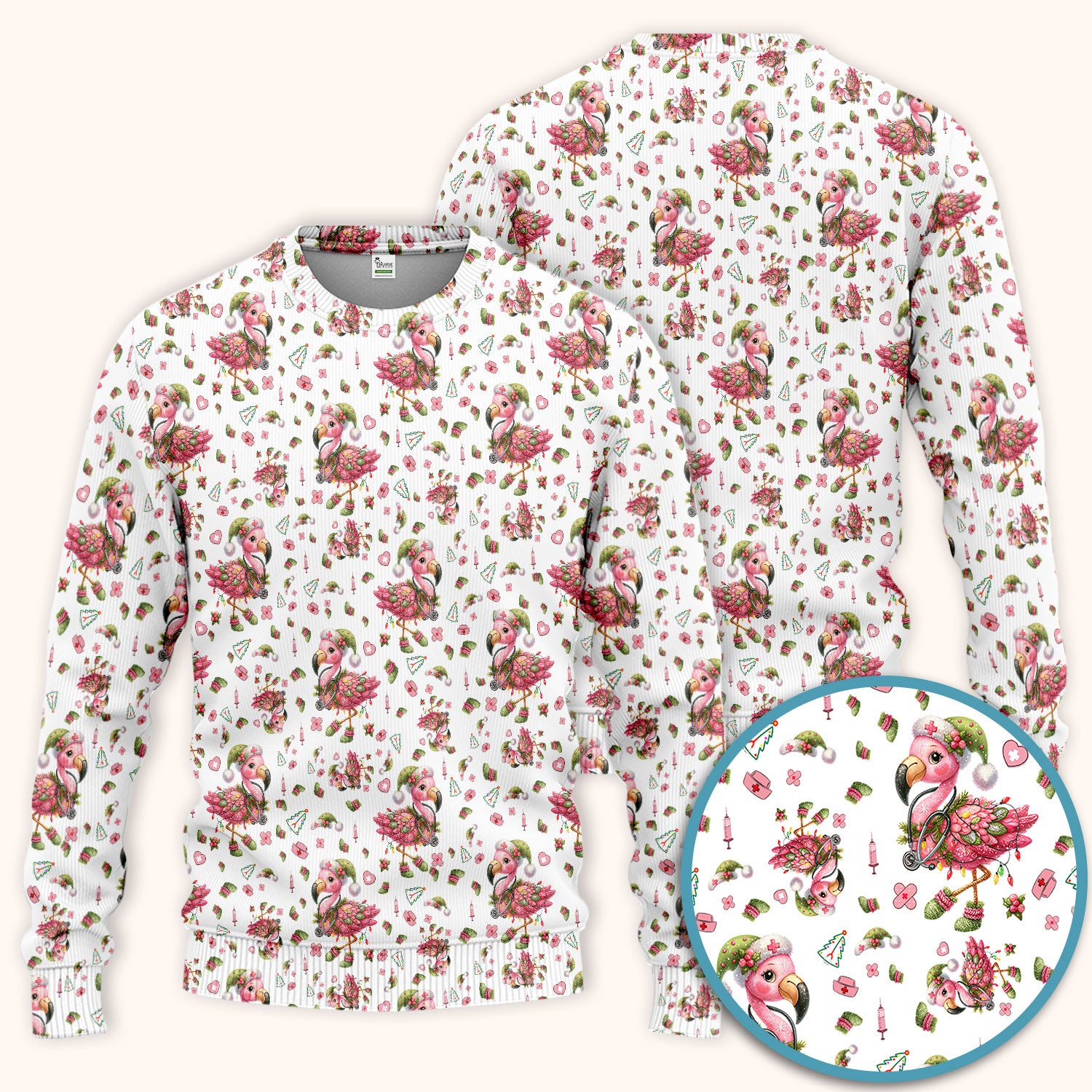 Pink Flamingo Christmas Scrub Set - Cute Flamingo Scrubs Pants and V Neck Top - Fun Christmas Medical Uniform