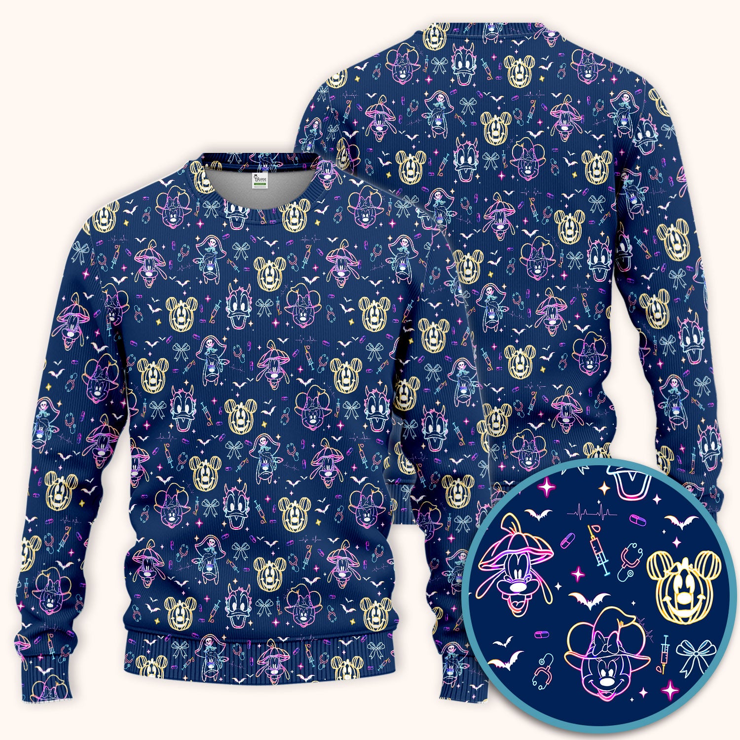 Neon Mouse Halloween Scrub Set for Nurses - Spooky Faces and Scary Pumpkin Scrub Pants and V Neck Shirt - Funny Med Uniform