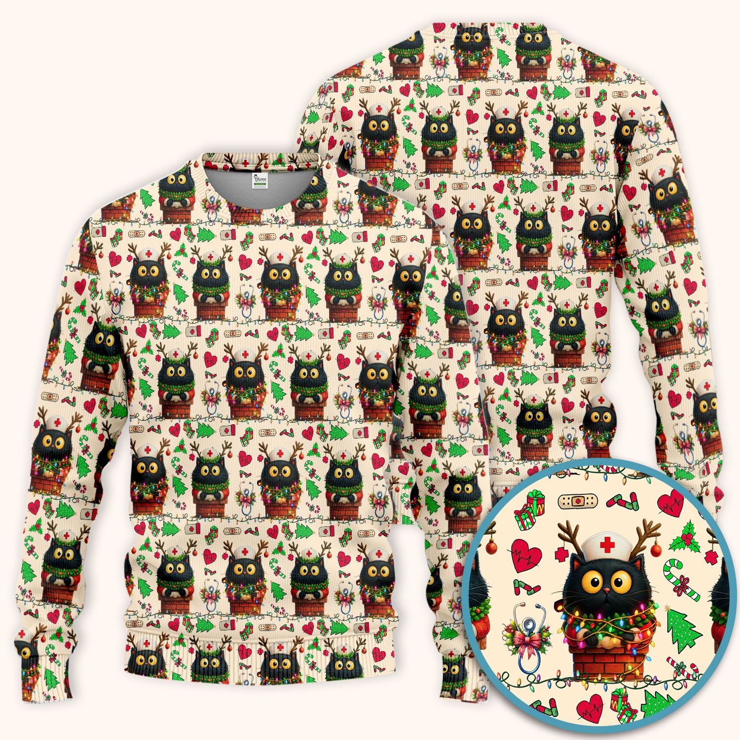 Funny Black Cat Scrub Set for Nurse - Cute Reindeer Cat with Christmas Lights - Festive Holiday Medical Uniform - Kitten Lover Gift