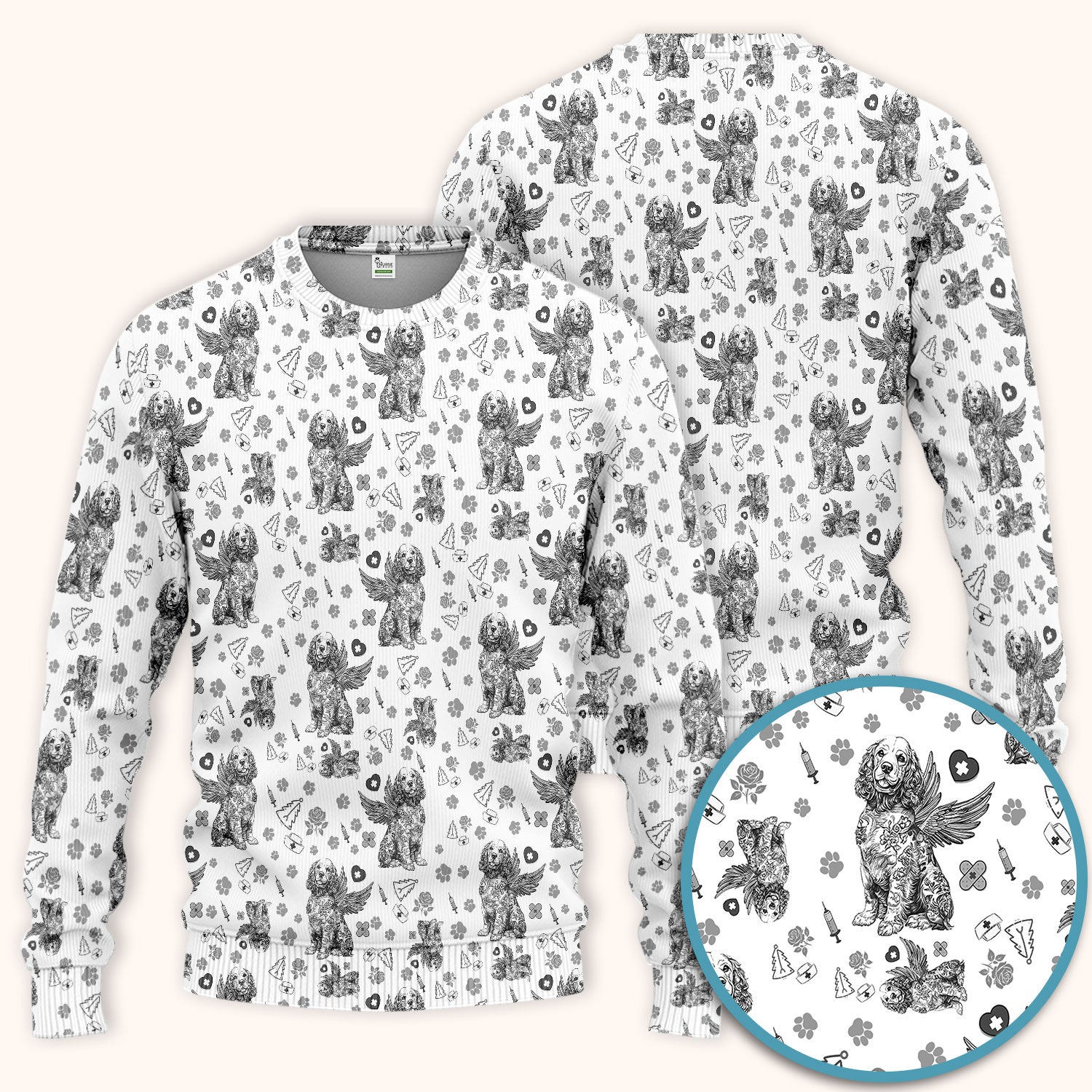 Toile De Jouy Scrub Set for Nurses - Angel Puppy Medical Uniform - Floral Dog in Heaven Gift for Women, Vet Techs, RN CNA LPN