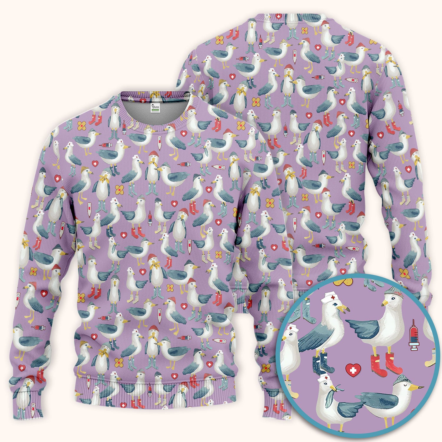 Seagull Scrub Set for Nurses - Adorable Birds Medical Uniform - Funny Scrubs Pants and V Neck Top for RN CNA LPN