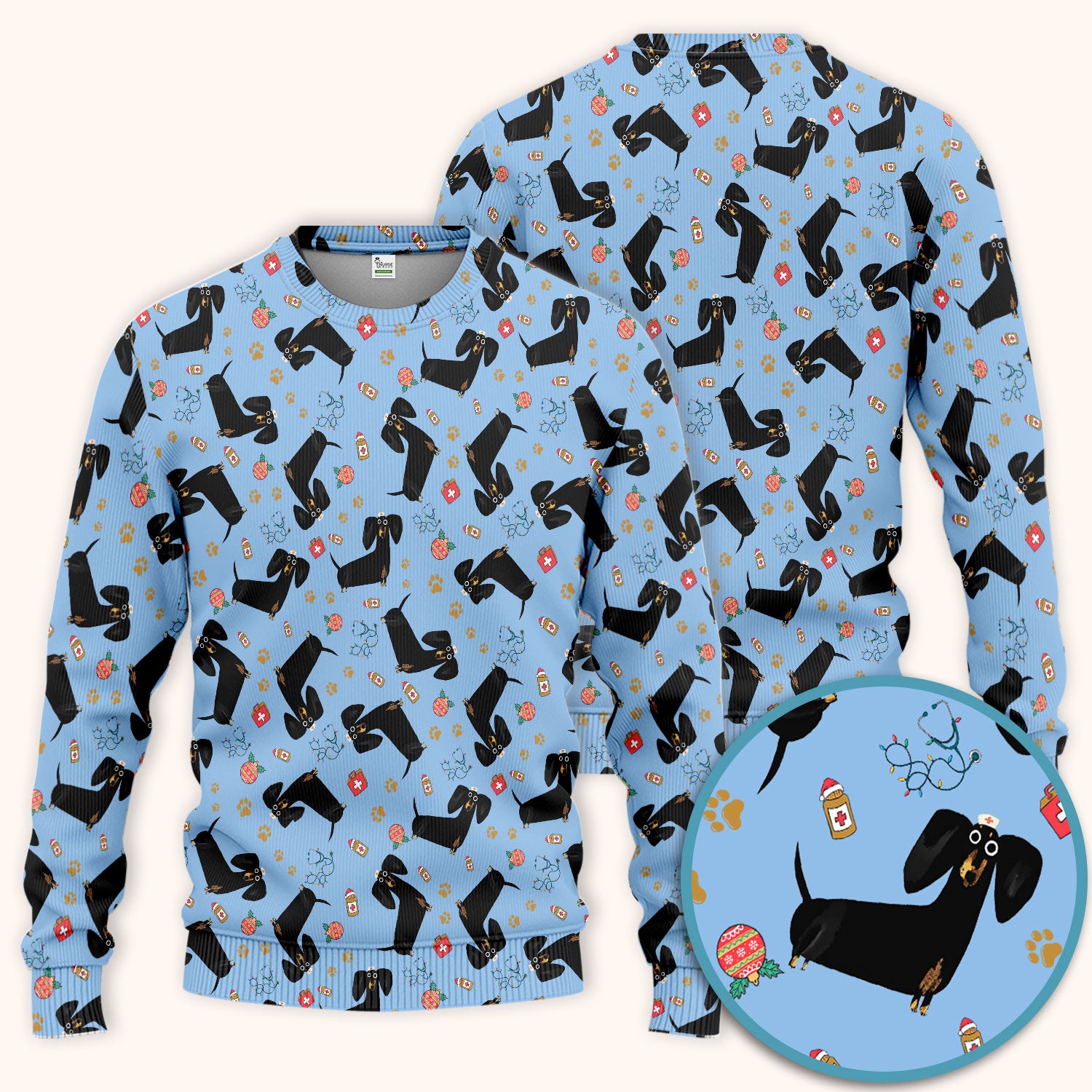 Funny Black Dachshund Scrub Set for Nurses - Cute Wiener Dog Scrubs Pants and V Neck Top - Puppy Lover Nursing Gift for Women