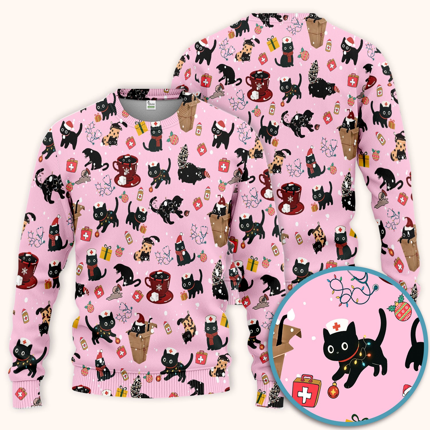 Funny Cat Scrub Sets for Women - Christmas Black Cats Pants and V Neck Top - Breathable Fabrics Nursing Uniform