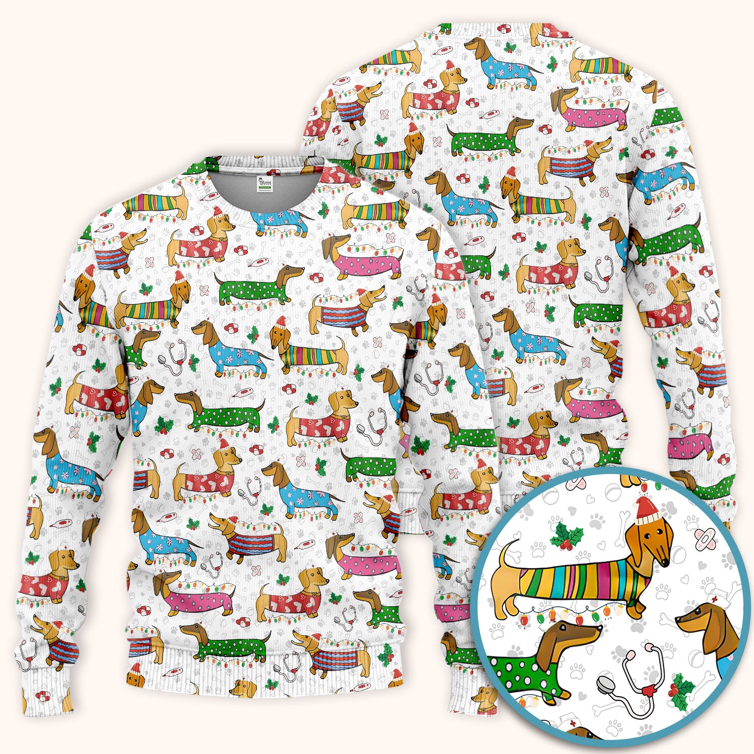 Christmas Scrub Set for Women - Funny Dachshund Scrubs Pants and V Neck Top - Cute Holiday Medical Uniform Gift for RN LPN CNA
