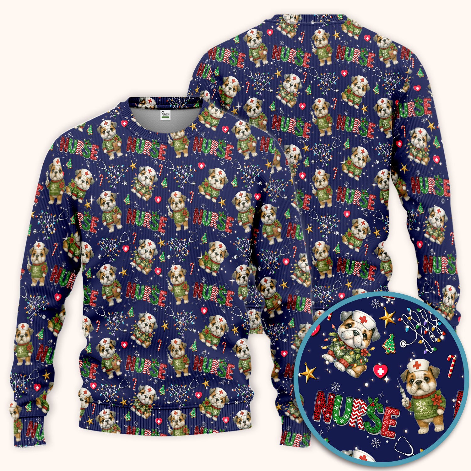 Bulldog Christmas Nurse Scrub Set - Funny Dog Scrubs Pants and V Neck Top - Cute Holiday Medical Uniform