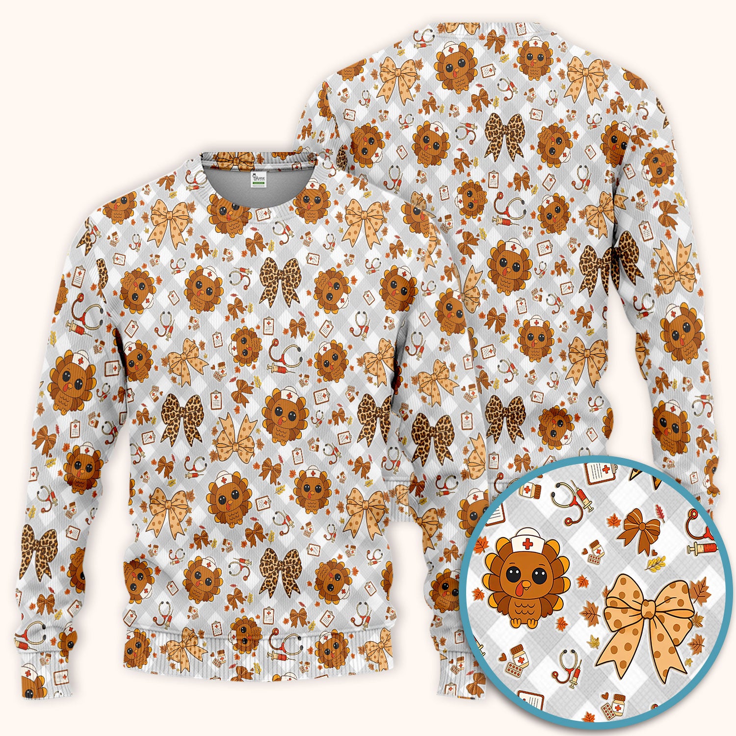 Thanksgiving Turkey Scrub Set for Nurses - Cute Fall Leaves and Bow Scrubs Pants and V Neck Top - Autumn Nursing Gift for Her