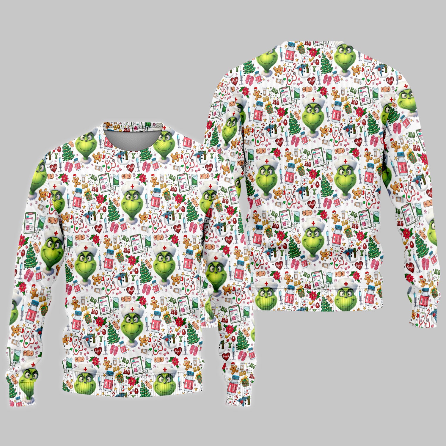 Funny Grinch Scrub Set for Women - Christmas Medical Uniform Top and Pants - Holiday Ugly Sweater Comfortable Nursing Outfit