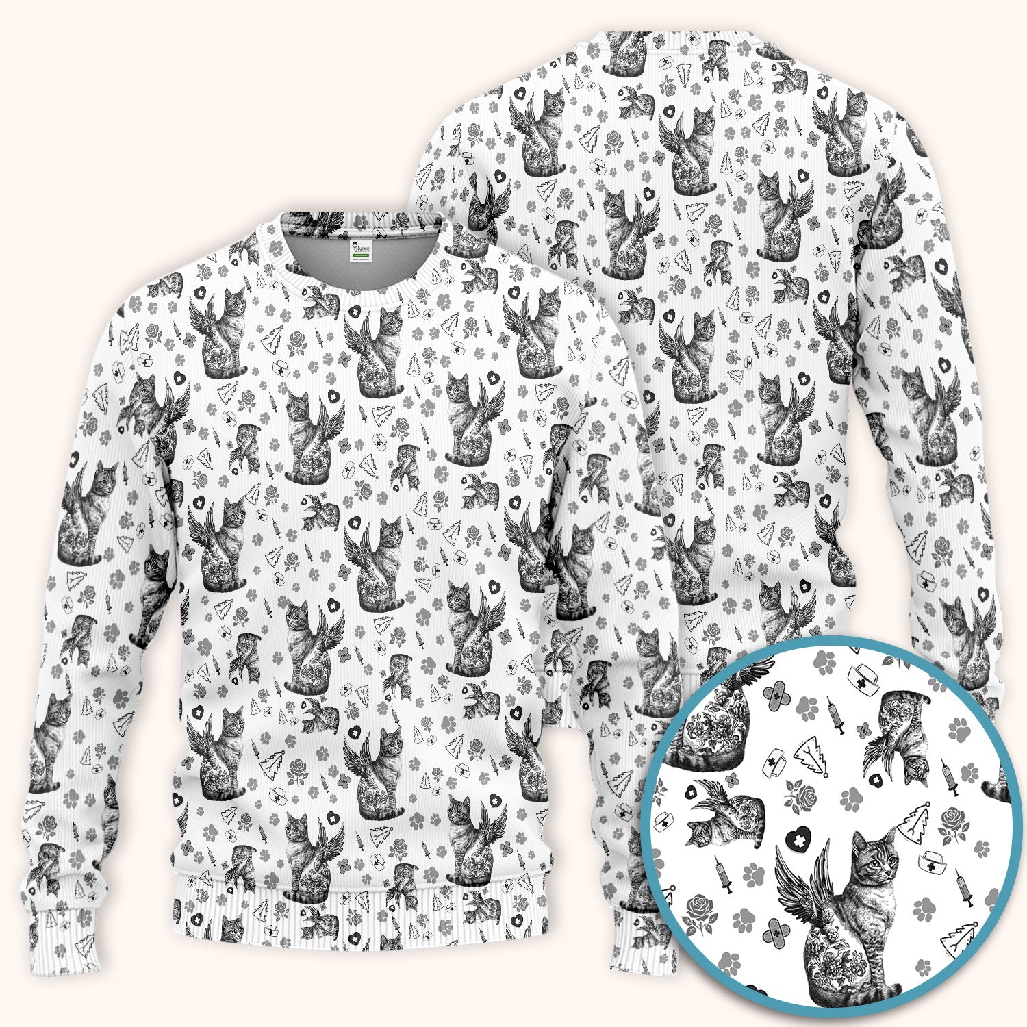 Toile de Jouy Cat Angel Scrub Set - Blue Vintage Nurse Pants and V Neck Top - French Style Medical Uniform for Women