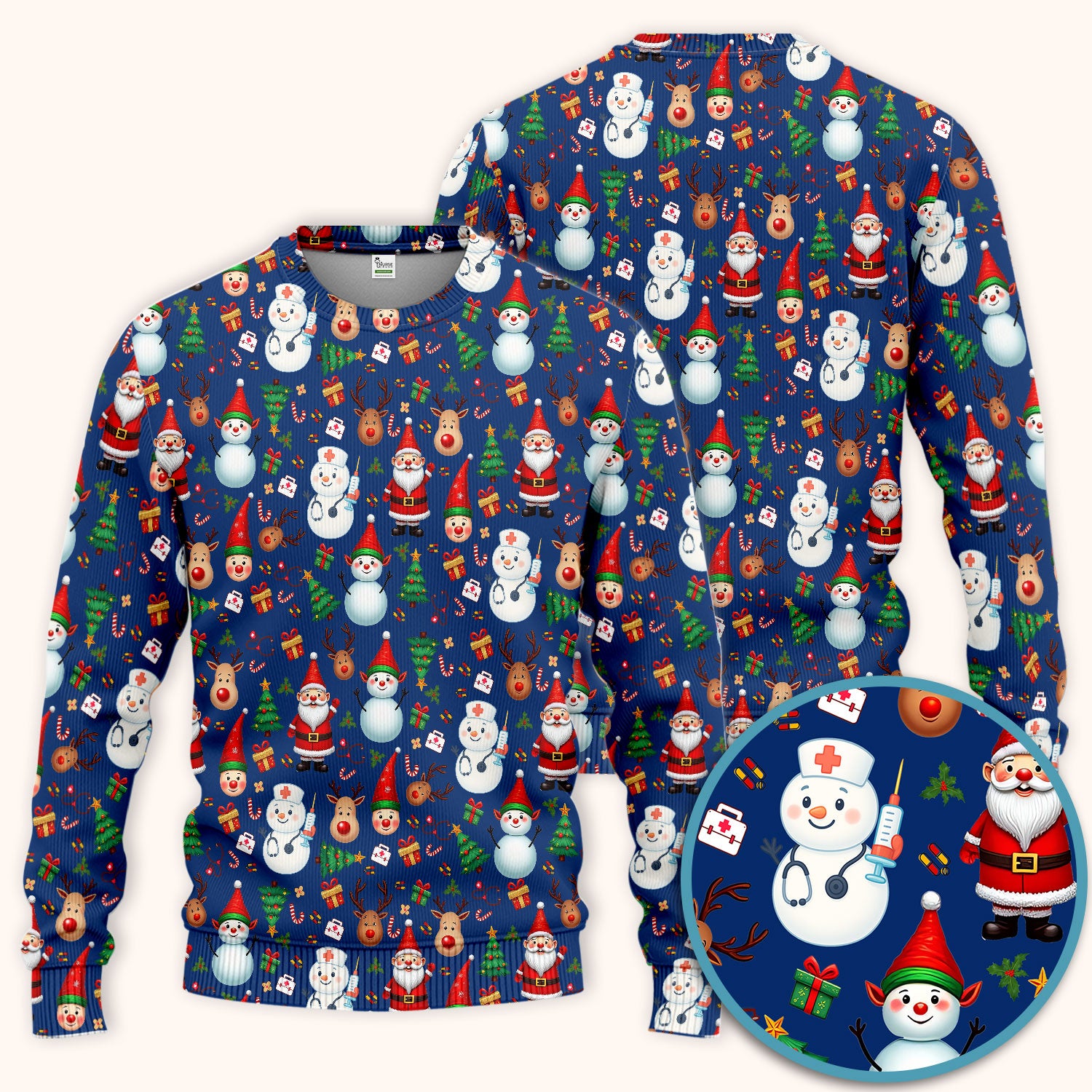 Christmas Nurse Scrub Set - Cute Snowman Santa Reindeer Pattern Medical Uniform - Festive Holiday Scrubs Pants and V Neck Top