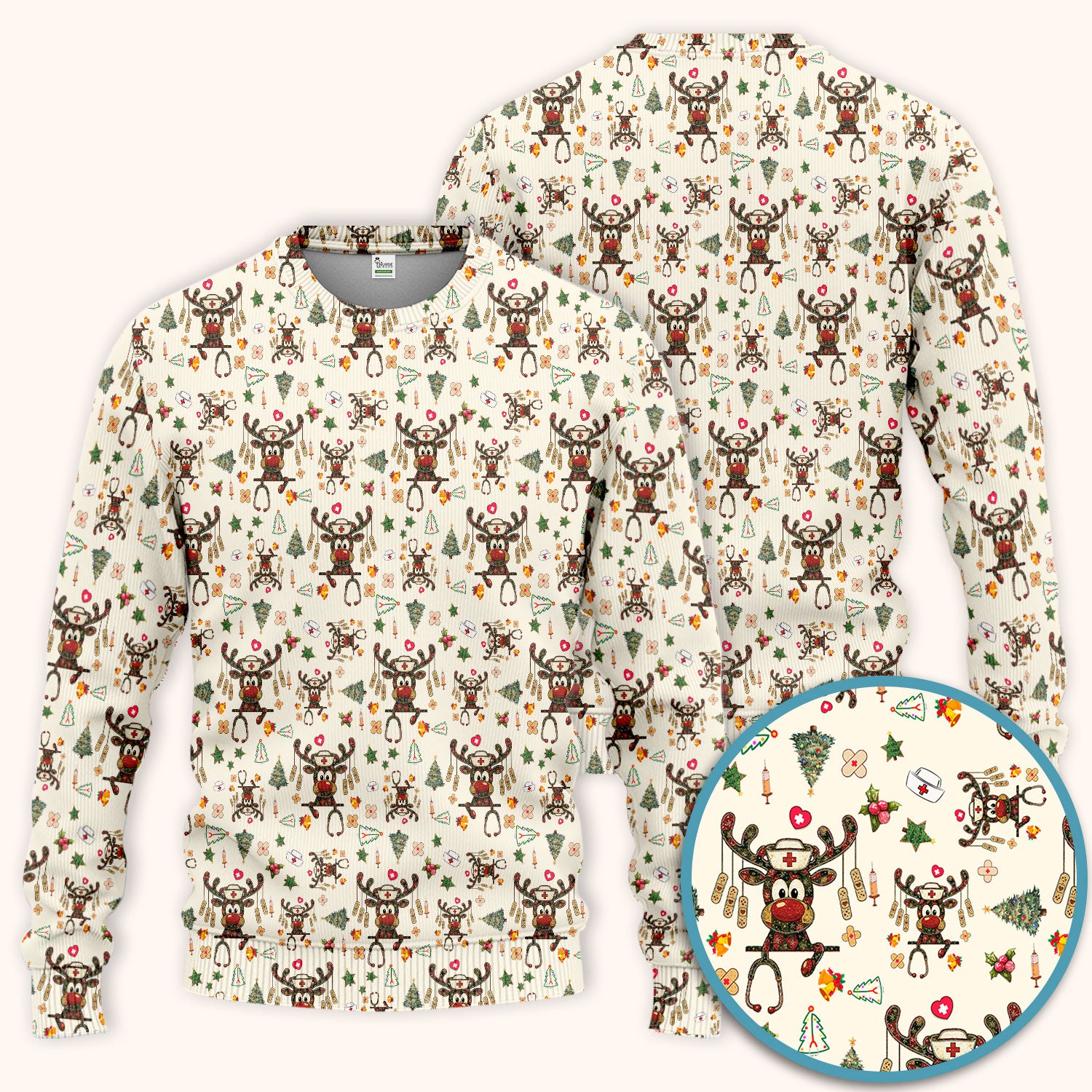 Reindeer Christmas Nurse Scrub Set - Funny Holiday Scrubs Pants and V Neck Top - Cute Medical Uniform for Women