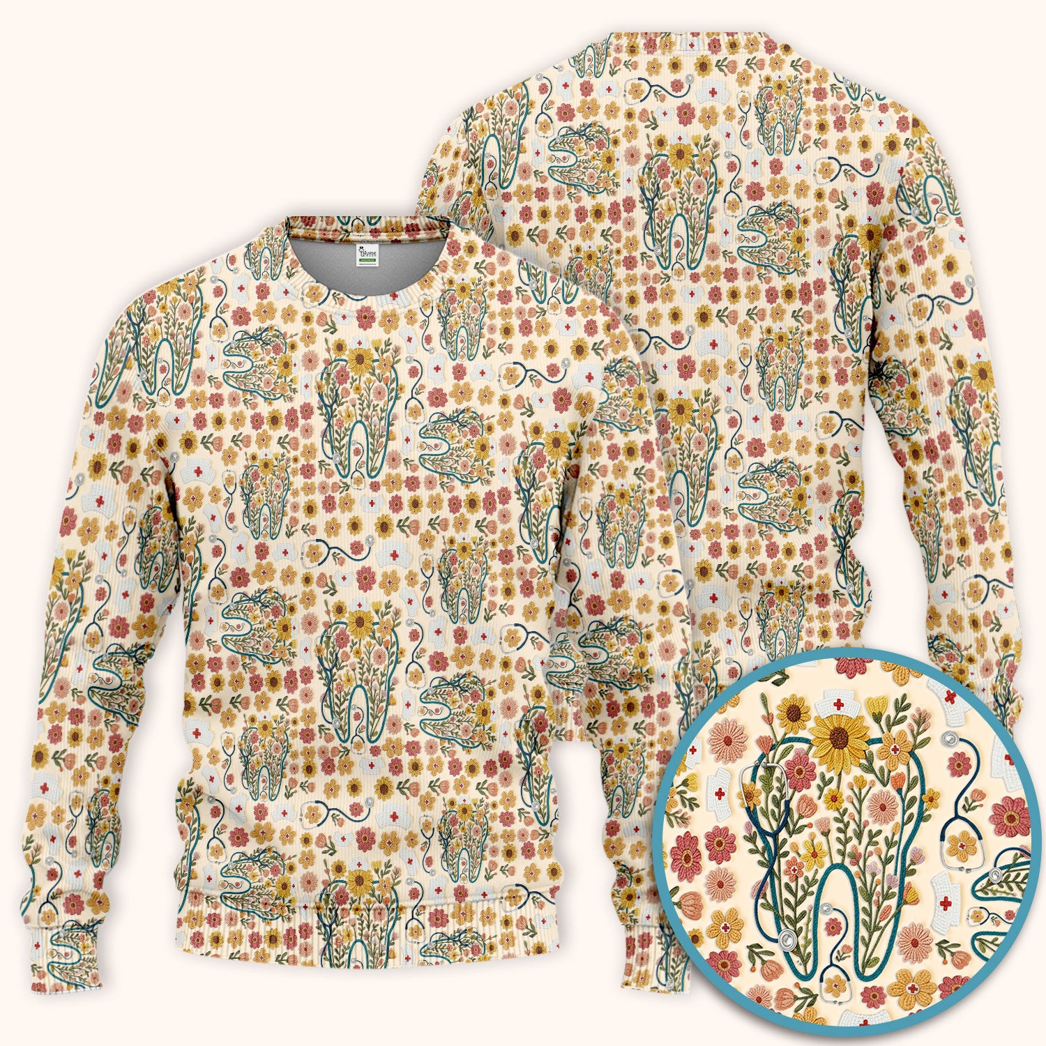 Boho Floral Tooth Scrub Set - Aesthetic Dental Scrubs Pants and V Neck - Cute Flower Tooth Medical Uniform - Hygienist Christmas Gift