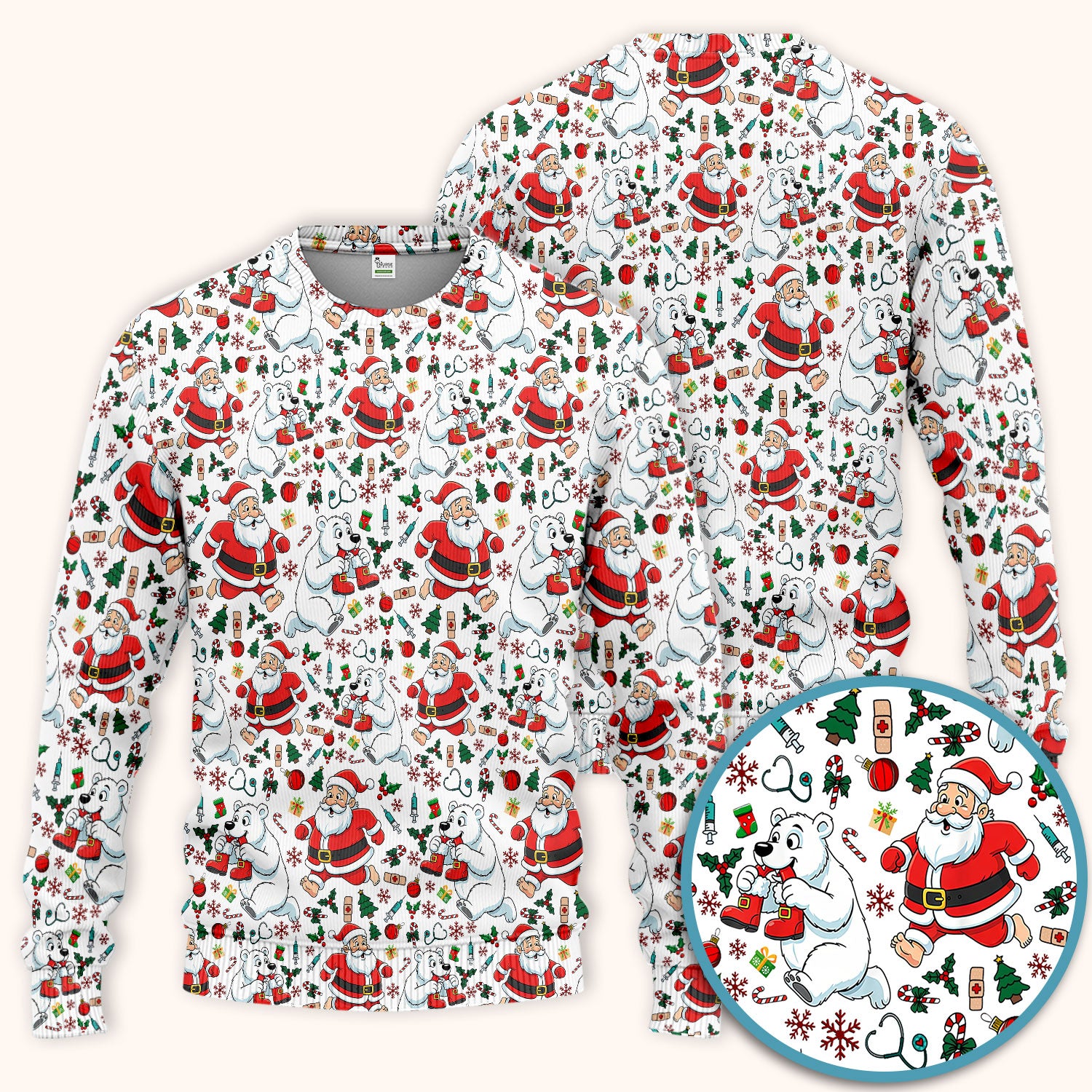 Christmas Santa & Polar Bear Scrub Set - Funny Holiday Nursing Pants and V Neck Top - Cute Winter Medical Uniform
