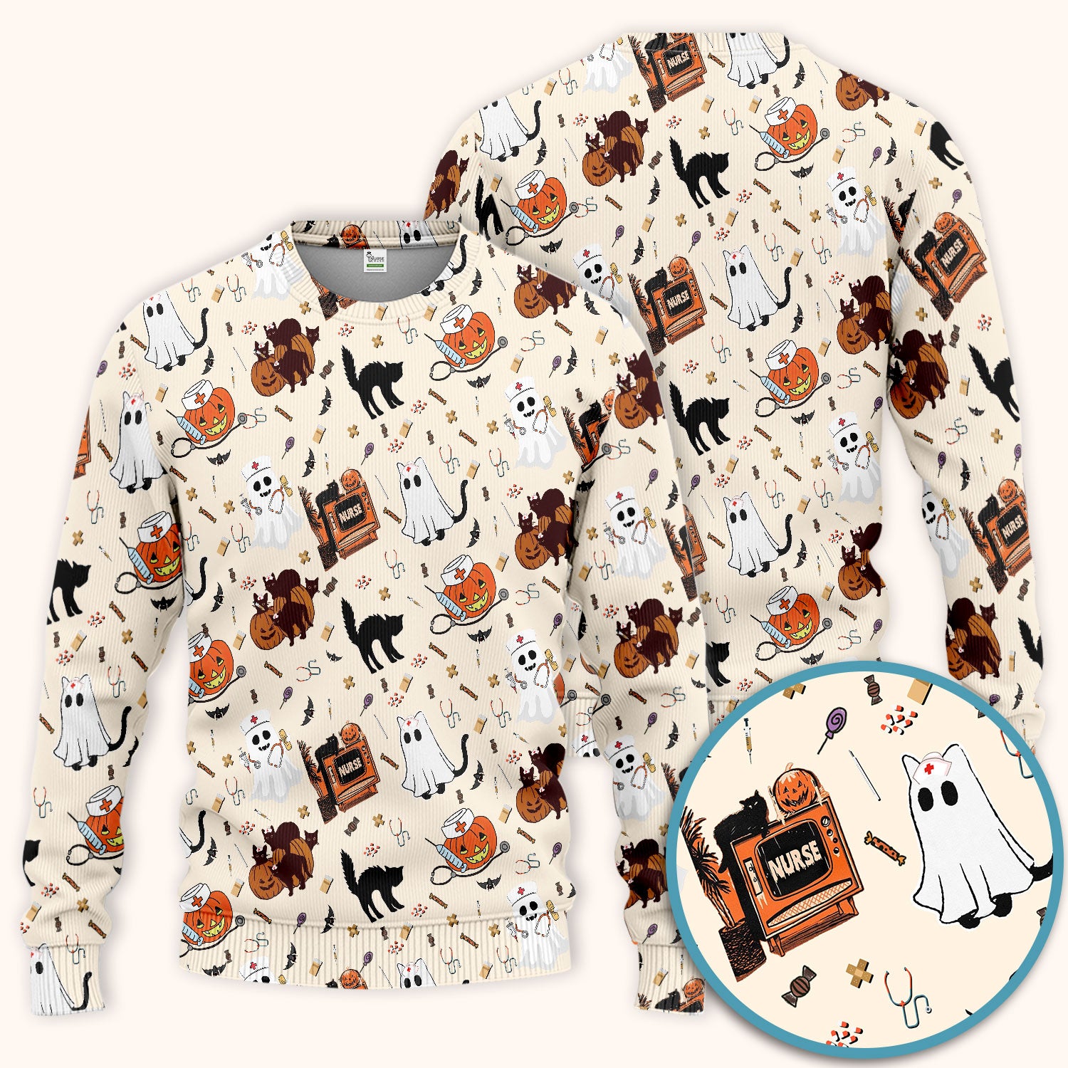Halloween Scrub Set for Nurse - Cute Pumpkin Ghost Cat Medical Pants and V Neck Top - Spooky Uniform for Women RN CNA LPN
