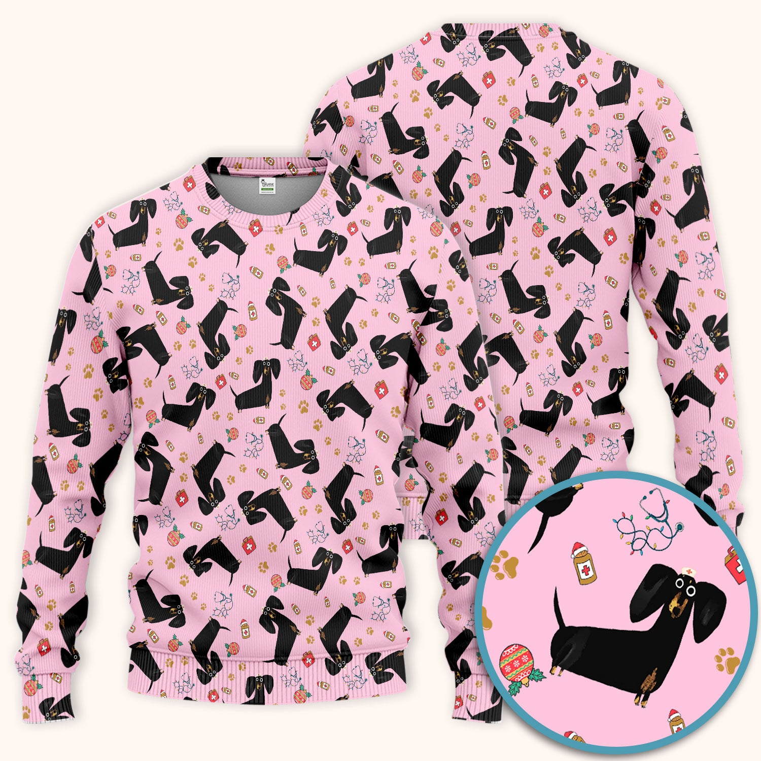 Funny Black Dachshund Scrub Set for Nurses - Cute Wiener Dog Scrubs Pants and V Neck Top - Puppy Lover Nursing Gift for Women
