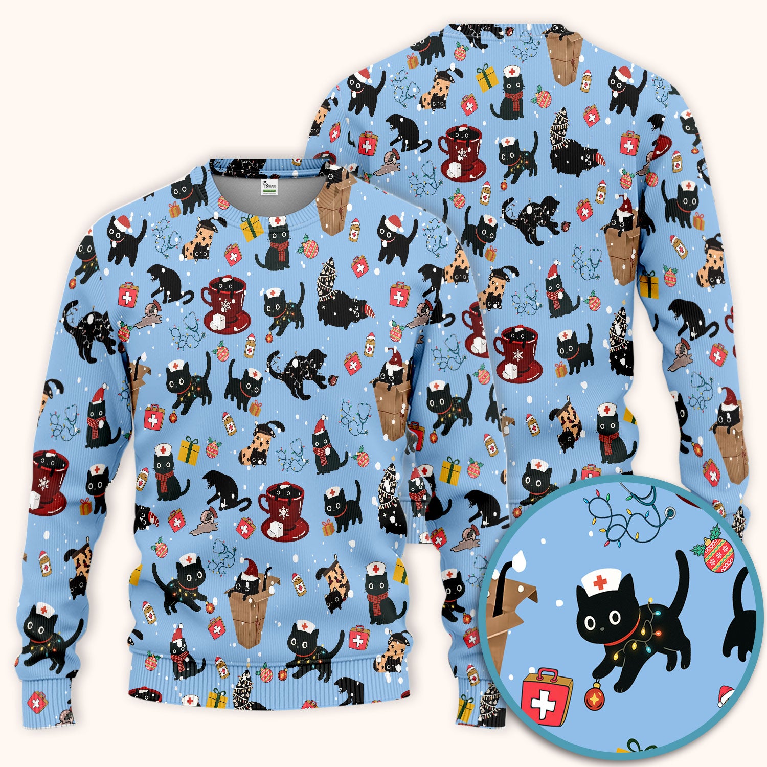 Funny Cat Scrub Sets for Women - Christmas Black Cats Pants and V Neck Top - Breathable Fabrics Nursing Uniform