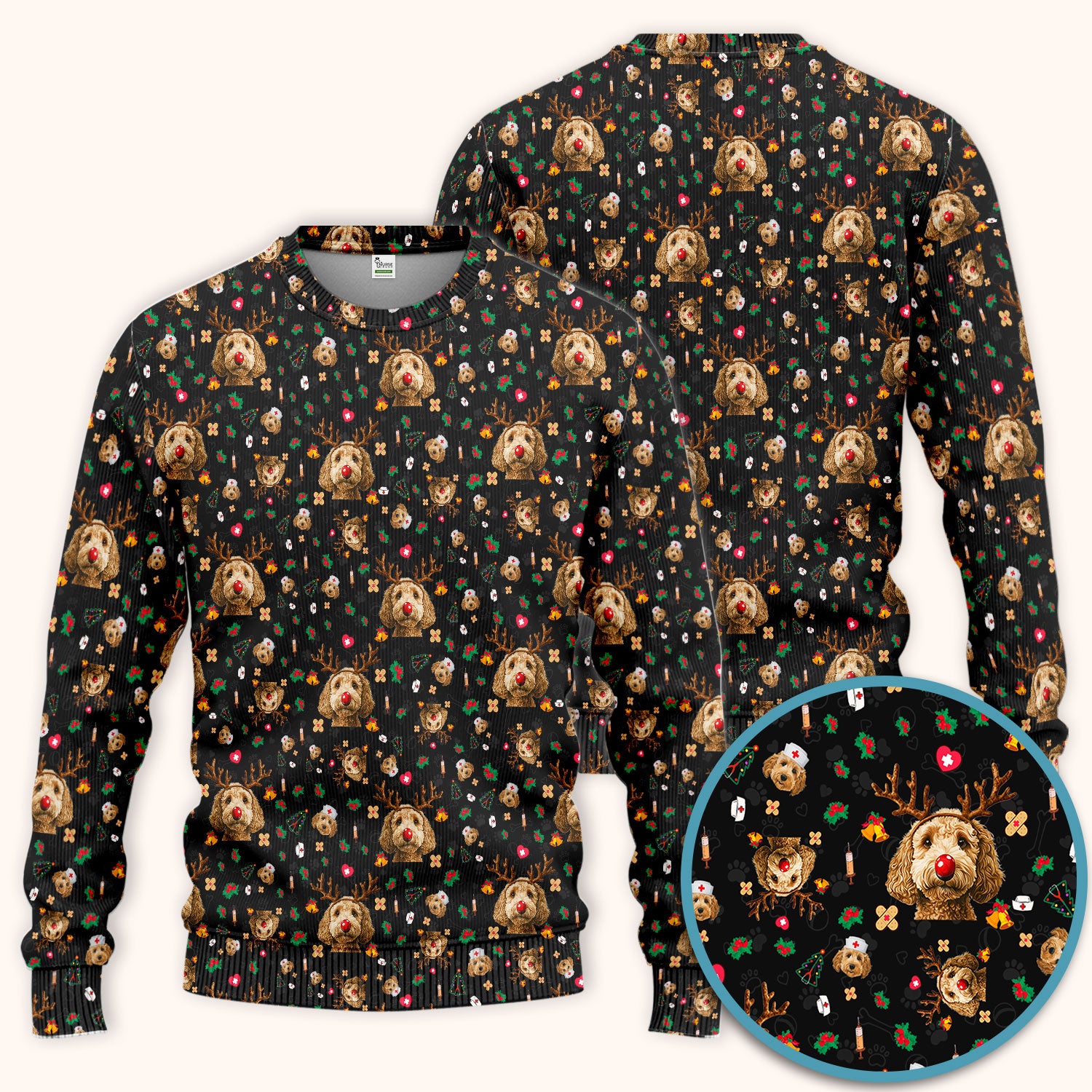 Labradoodle Reindeer Christmas Scrub Set - Funny Dog Nurse Pants and V Neck Top - Cute Holiday Medical Uniform
