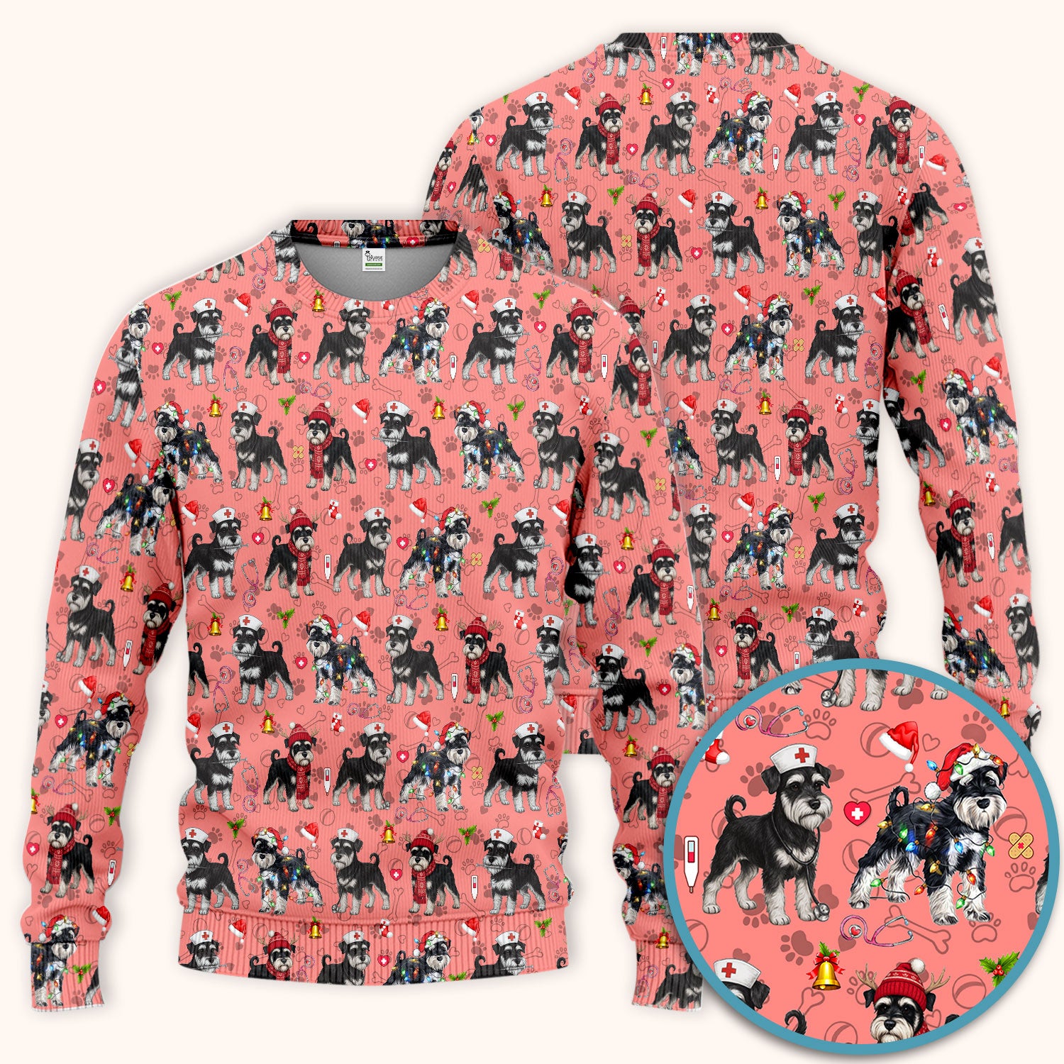 Christmas Schnauzer Scrub Set for Nurses - Cute Dog Holiday Scrubs Pants and V Neck Top - Funny Santa Nursing Medical Shirt for Women